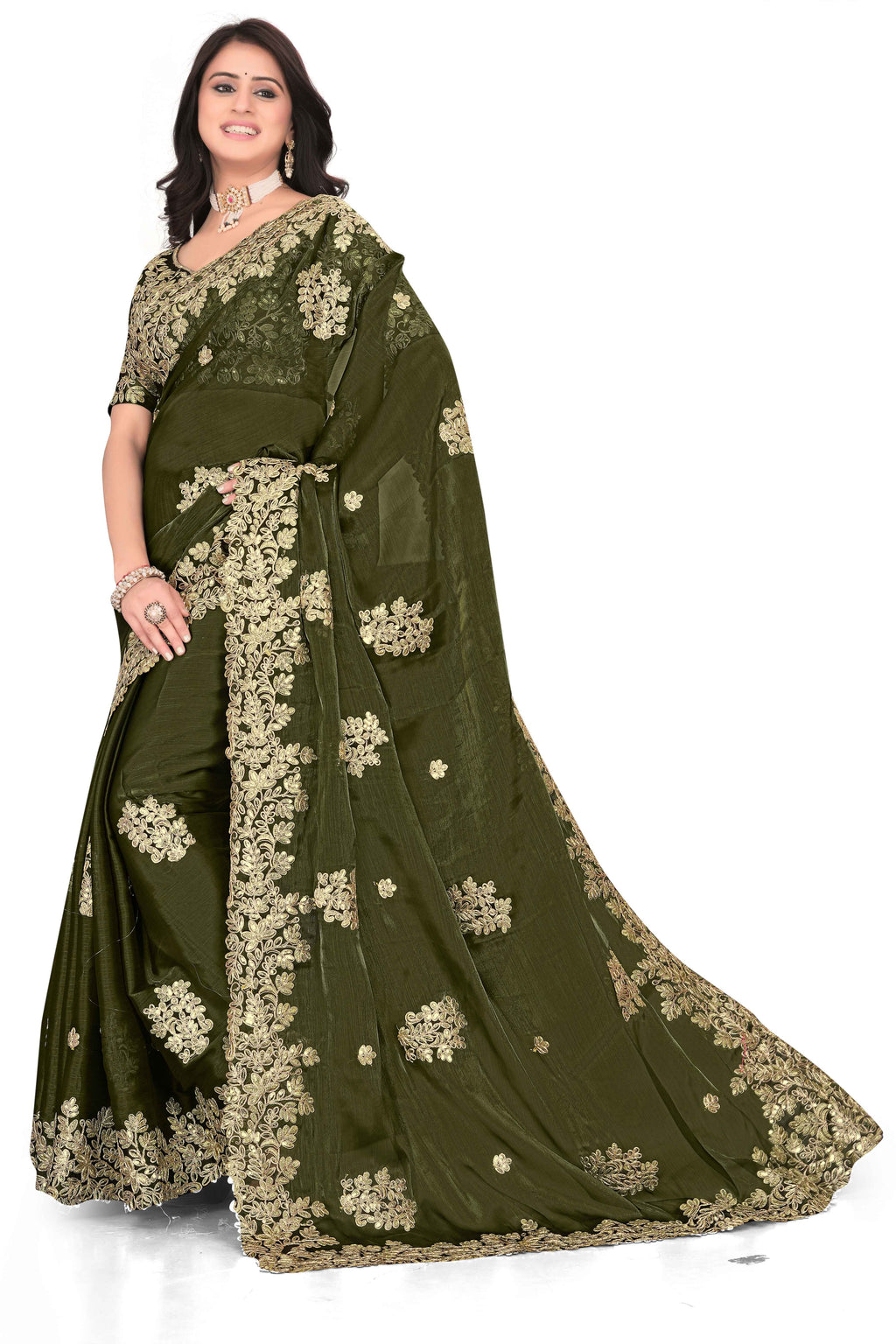 Shimmer Georgette Embroidered Saree with Designer Border - Olive Green