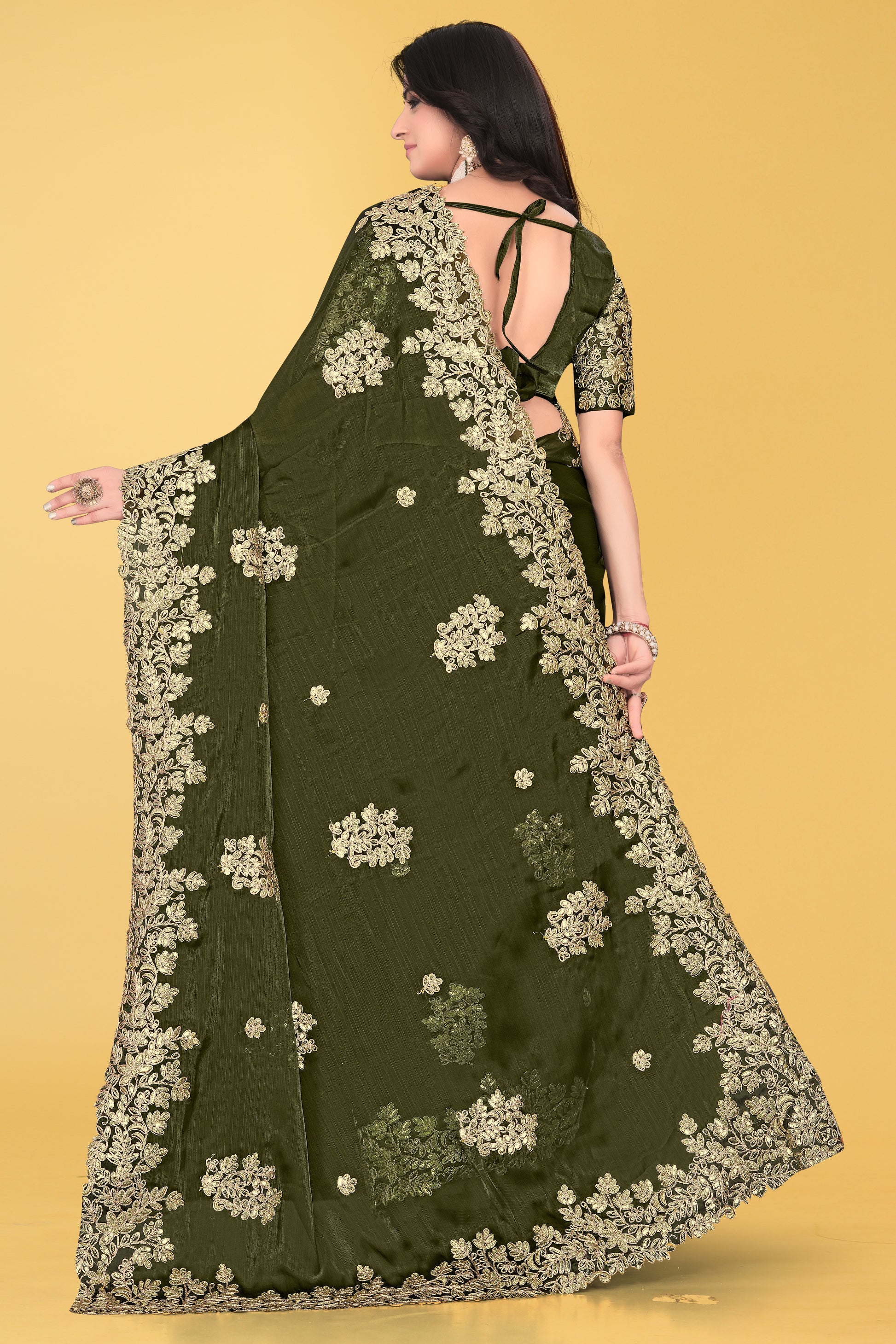 Floral Embroidered Saree with Intricate Leaf Motifs – Avirat Designer Studio