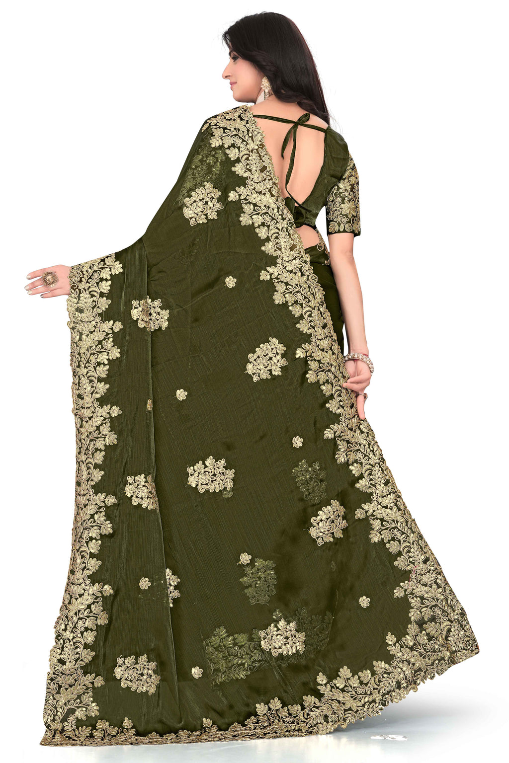 Shimmer Georgette Embroidered Saree with Designer Border - Olive Green
