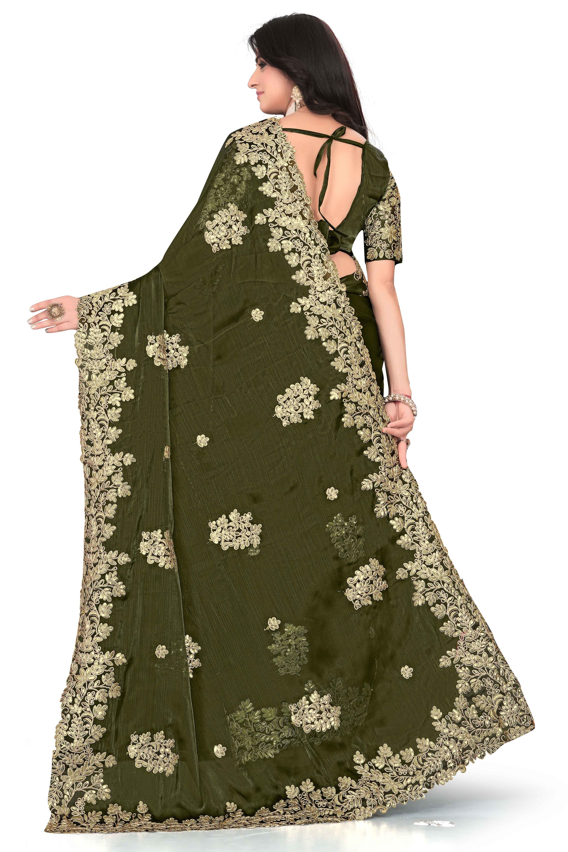 Shimmer Georgette Embroidered Saree with Designer Border - Olive Green