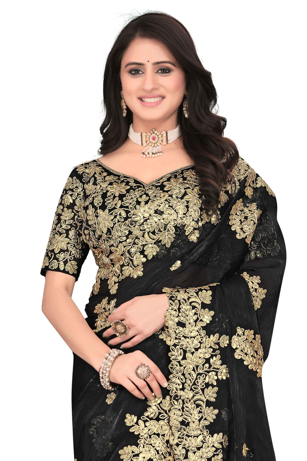Shimmer Georgette Embroidered Saree with Designer Border - Black