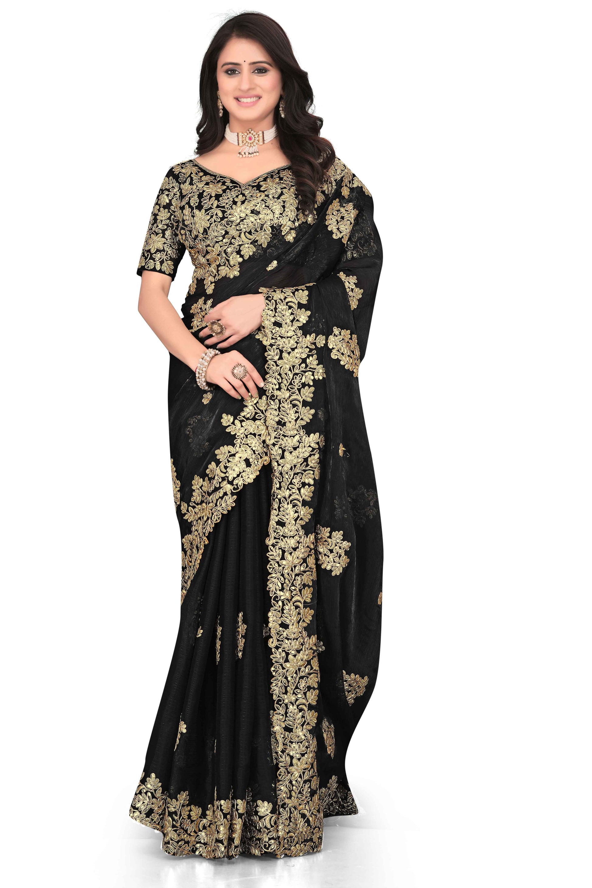 Shimmer Georgette Embroidered Saree with Designer Border - Black