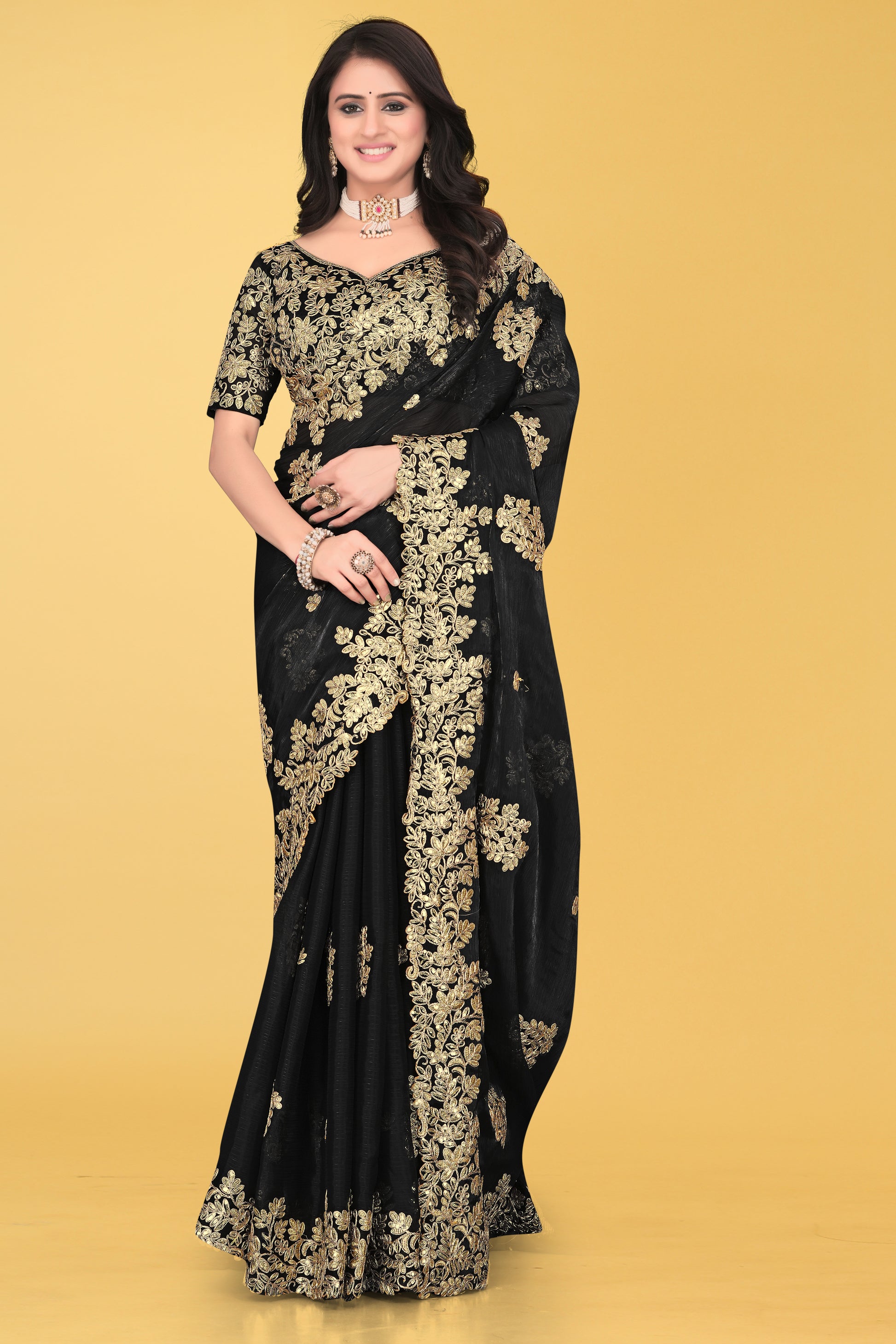 Floral Embroidered Saree with Intricate Leaf Motifs – Avirat Designer Studio