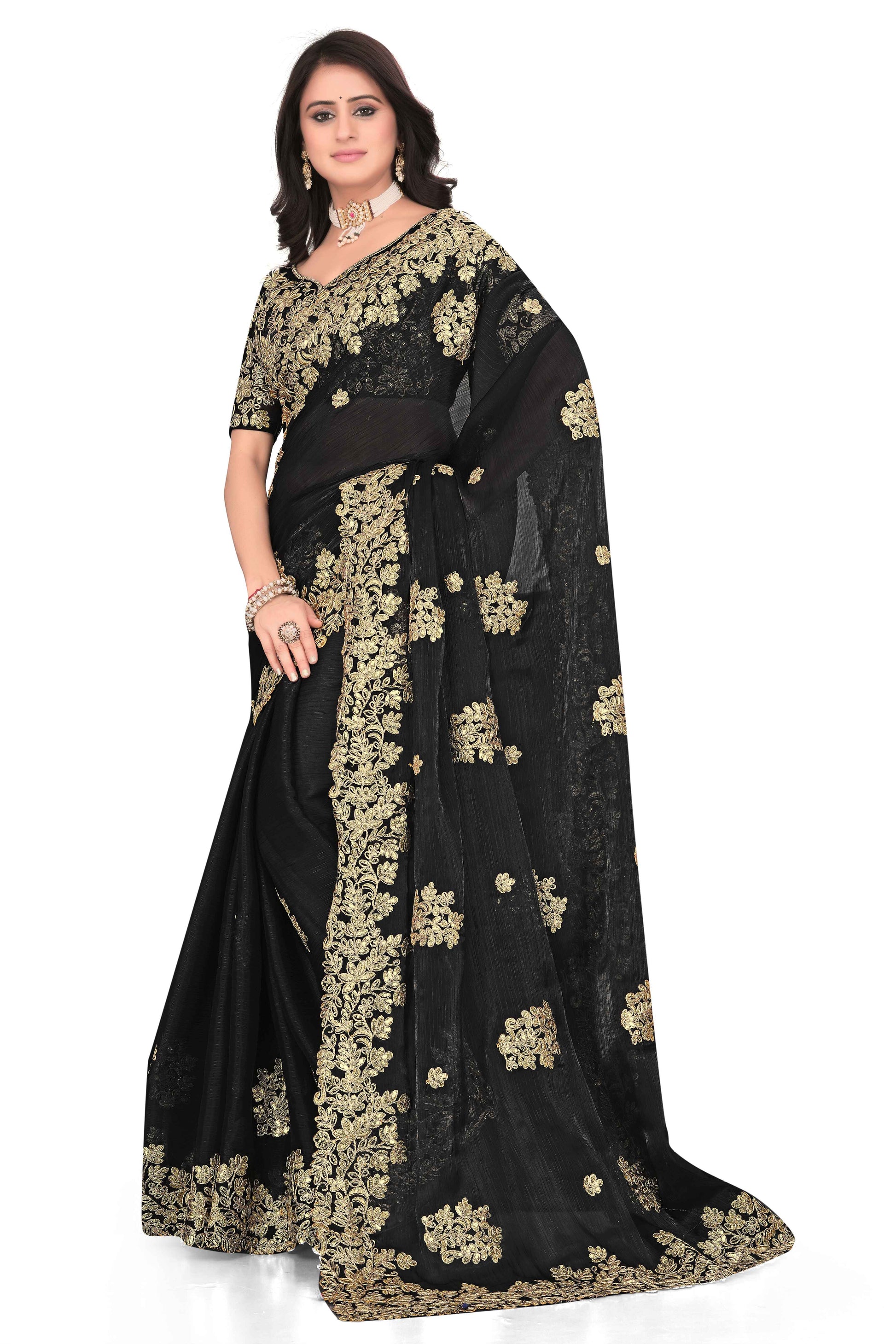 Shimmer Georgette Embroidered Saree with Designer Border - Black