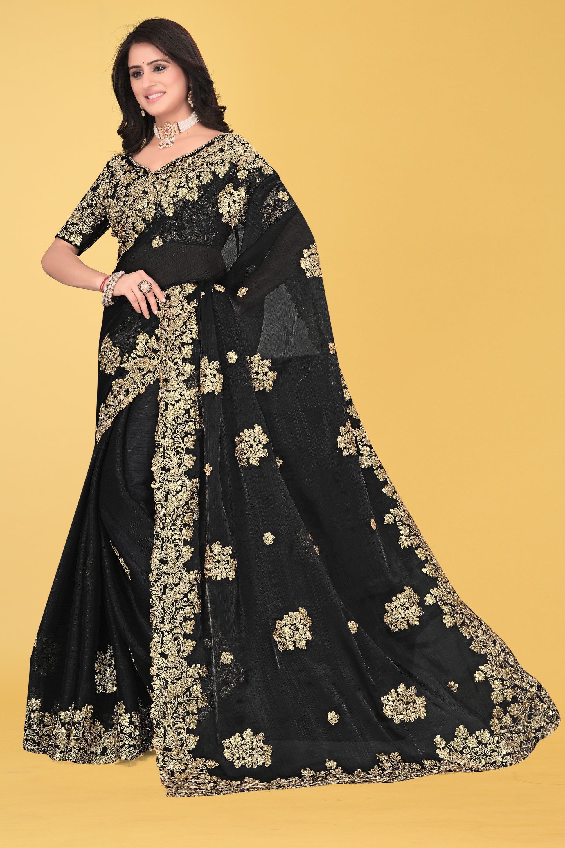 Floral Embroidered Saree with Intricate Leaf Motifs – Avirat Designer Studio