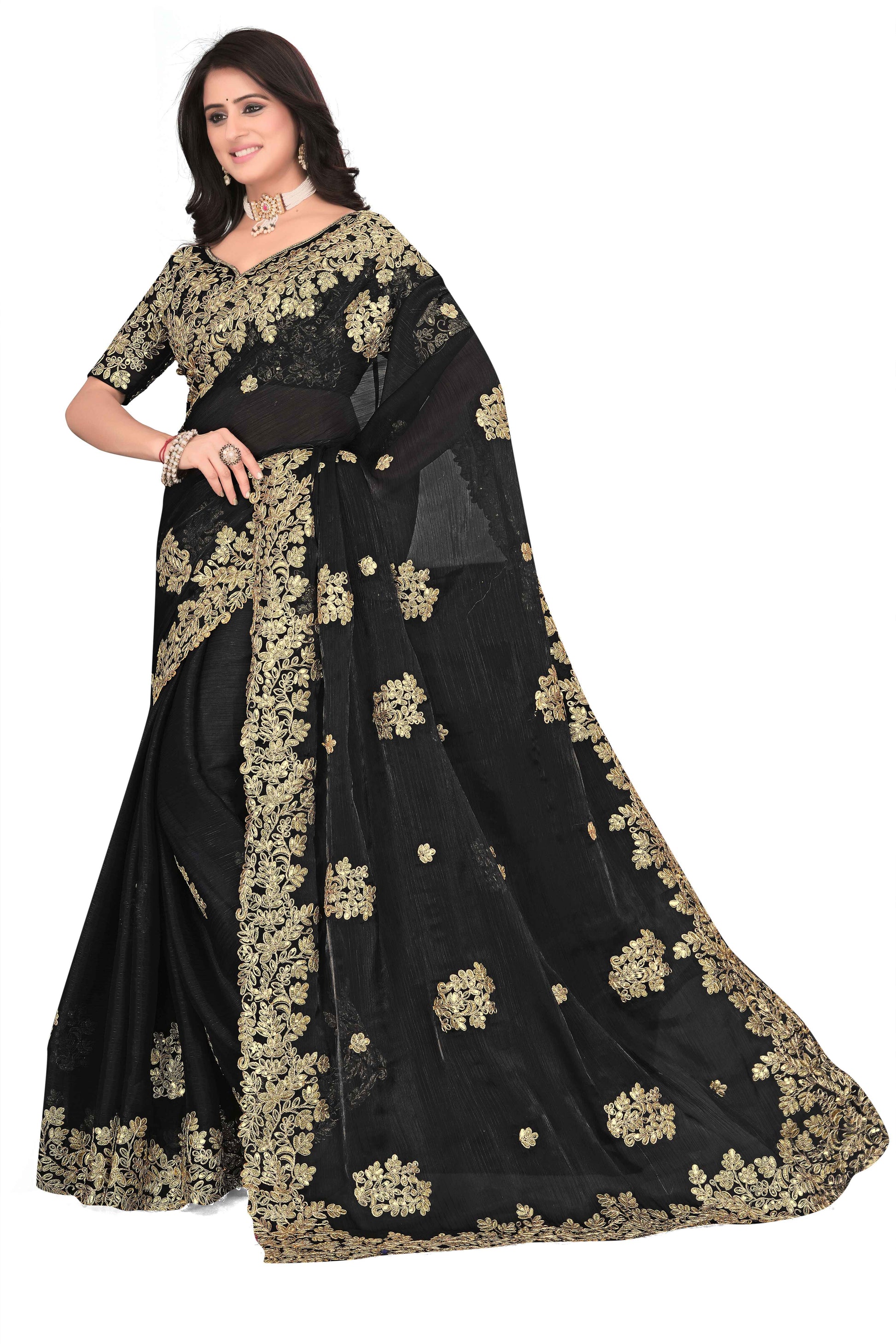 Shimmer Georgette Embroidered Saree with Designer Border - Black