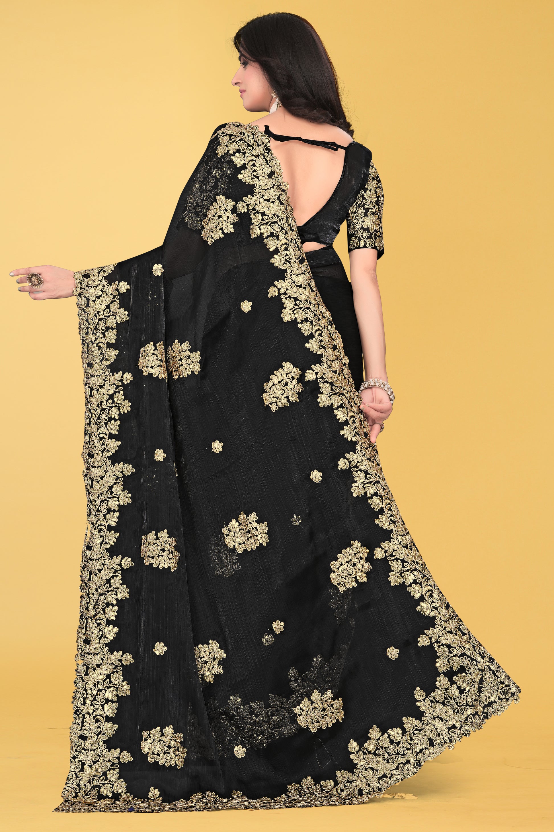 Floral Embroidered Saree with Intricate Leaf Motifs – Avirat Designer Studio