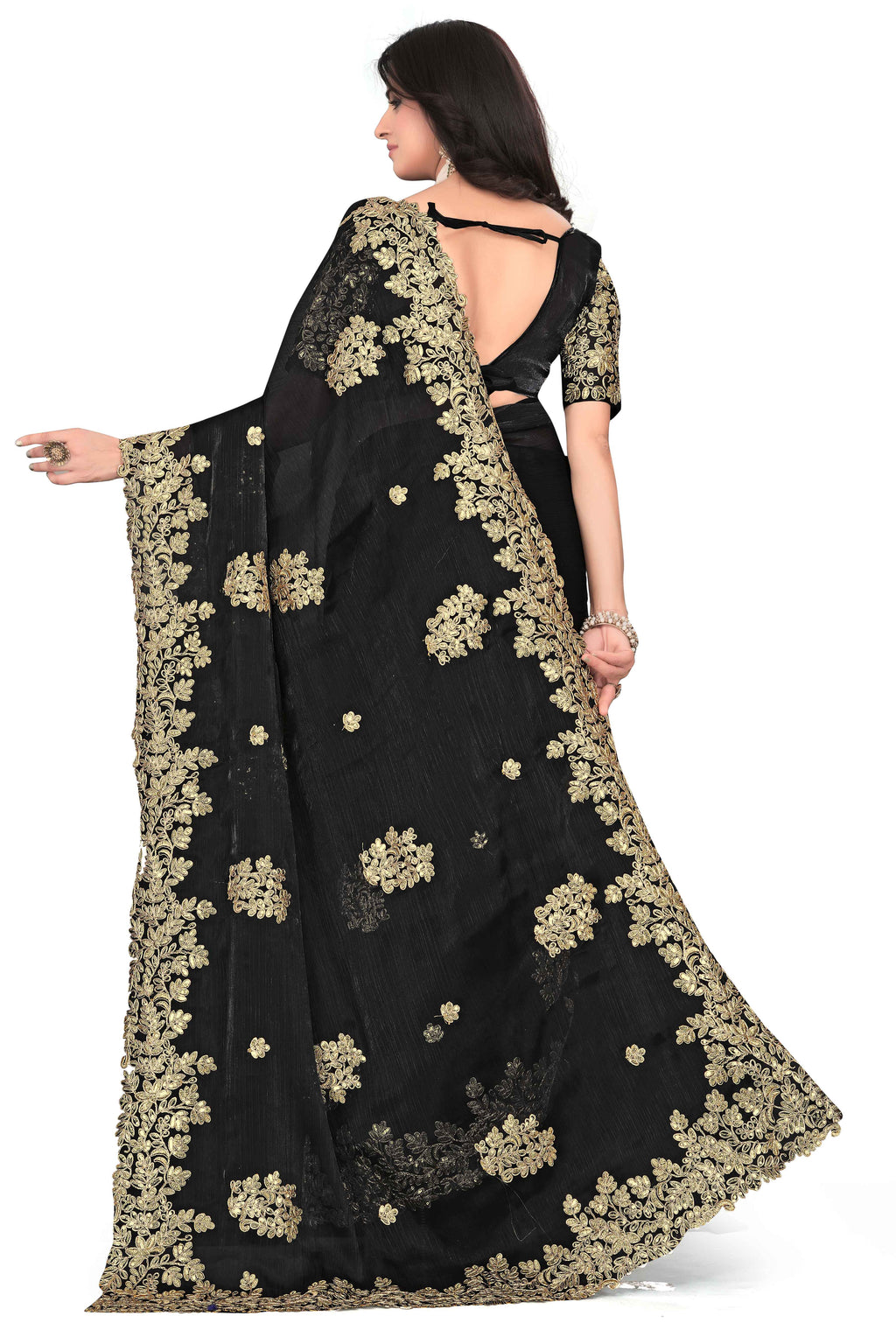 Shimmer Georgette Embroidered Saree with Designer Border - Black