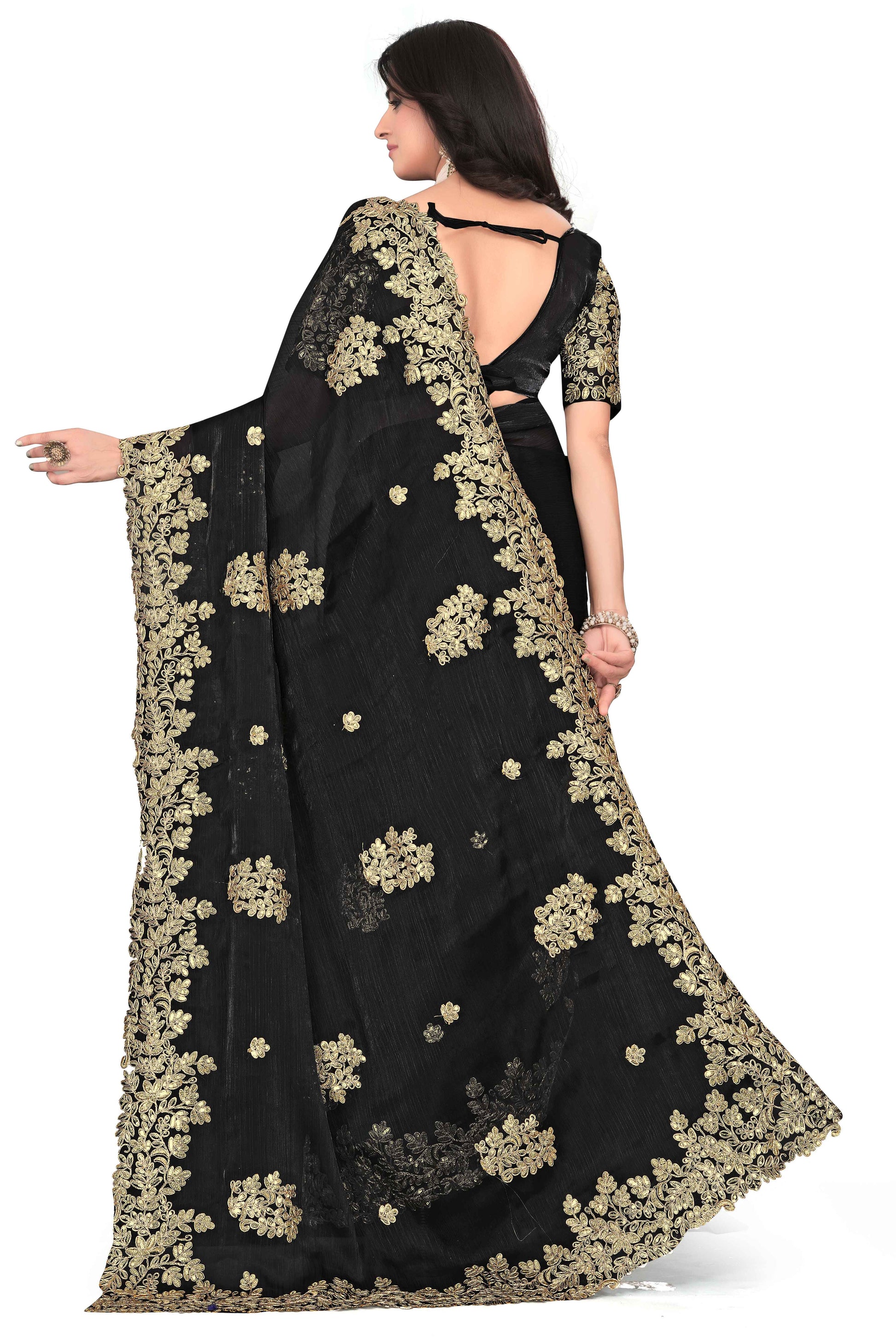 Shimmer Georgette Embroidered Saree with Designer Border - Black
