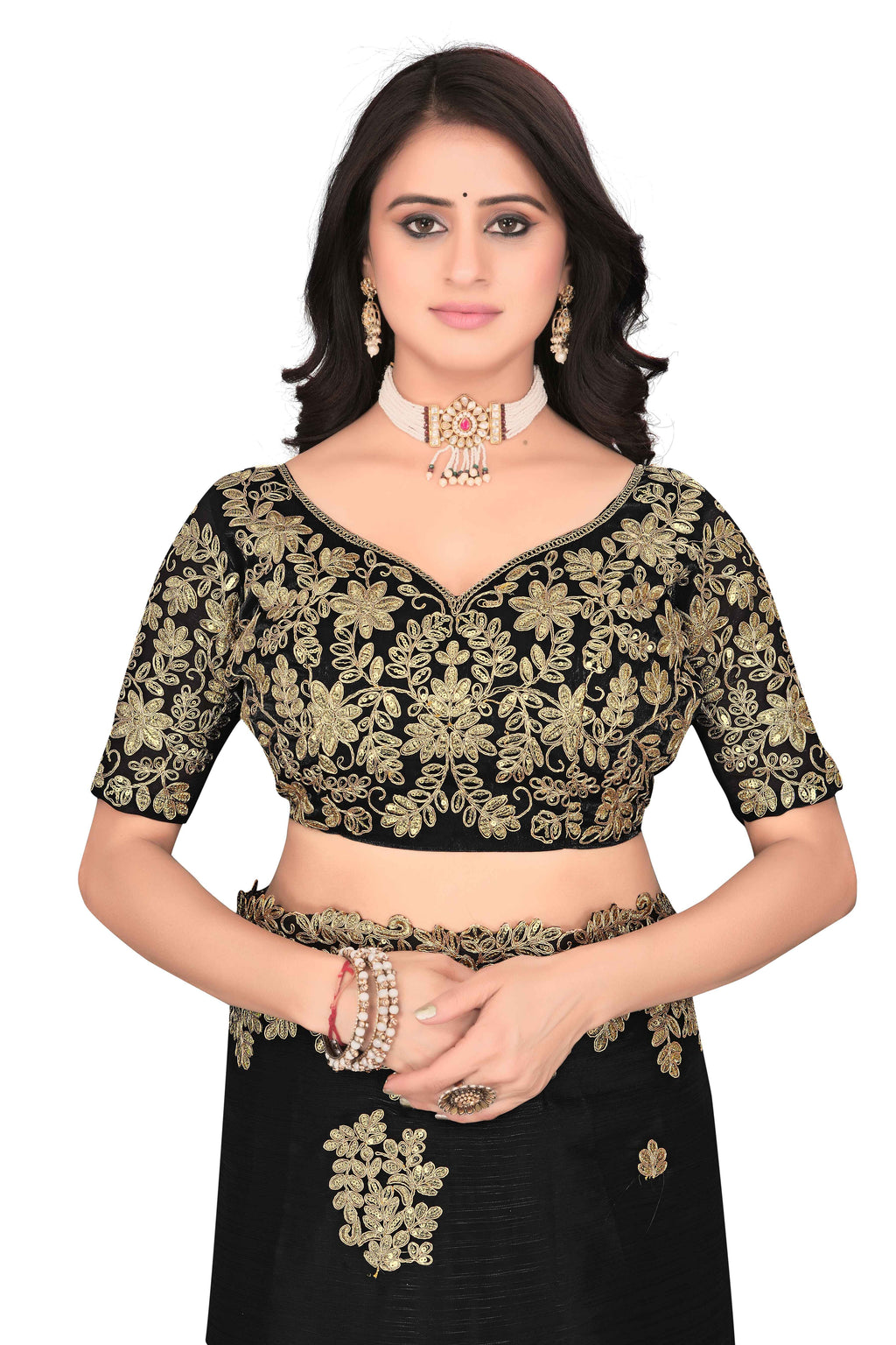 Shimmer Georgette Embroidered Saree with Designer Border - Black