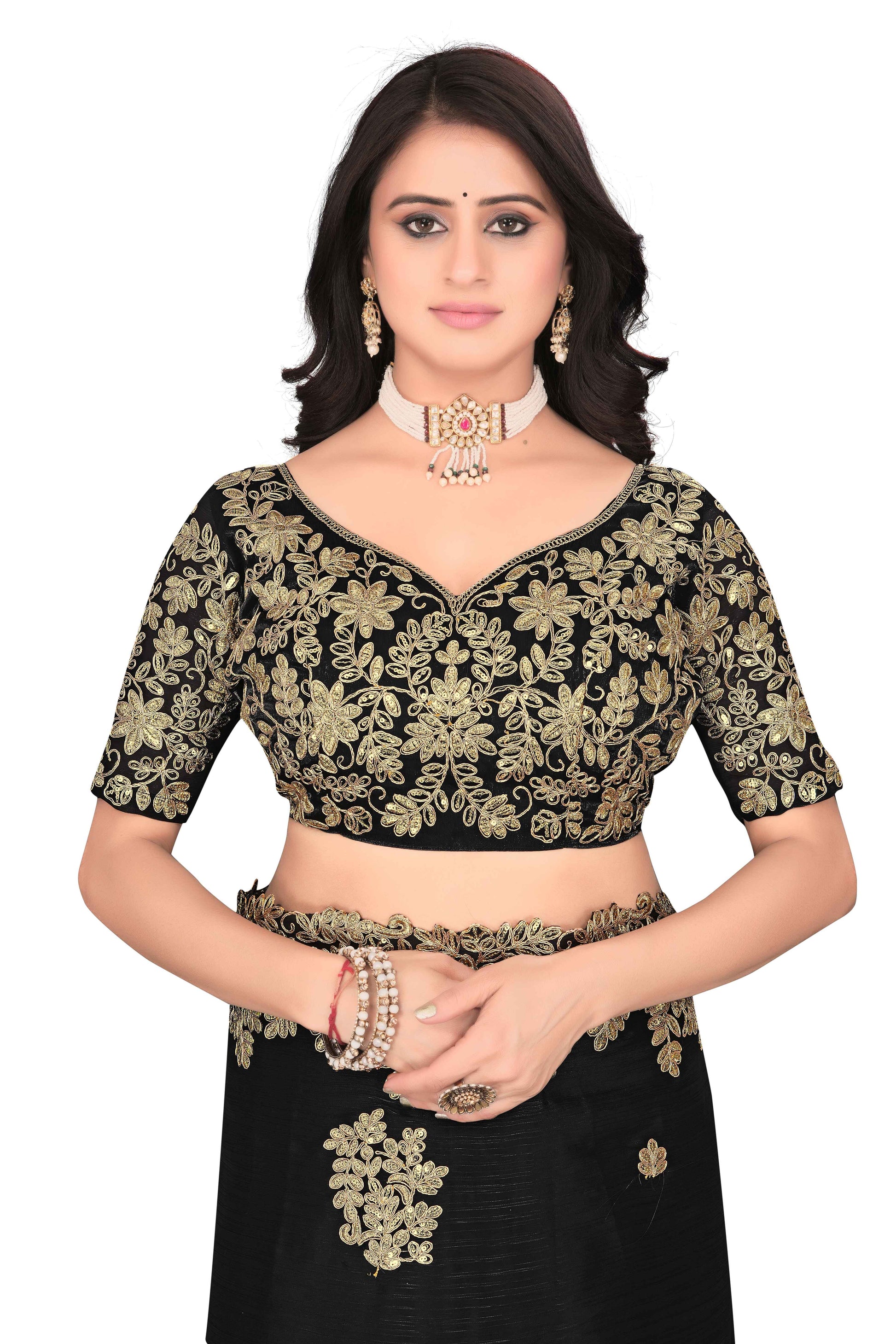 Shimmer Georgette Embroidered Saree with Designer Border - Black