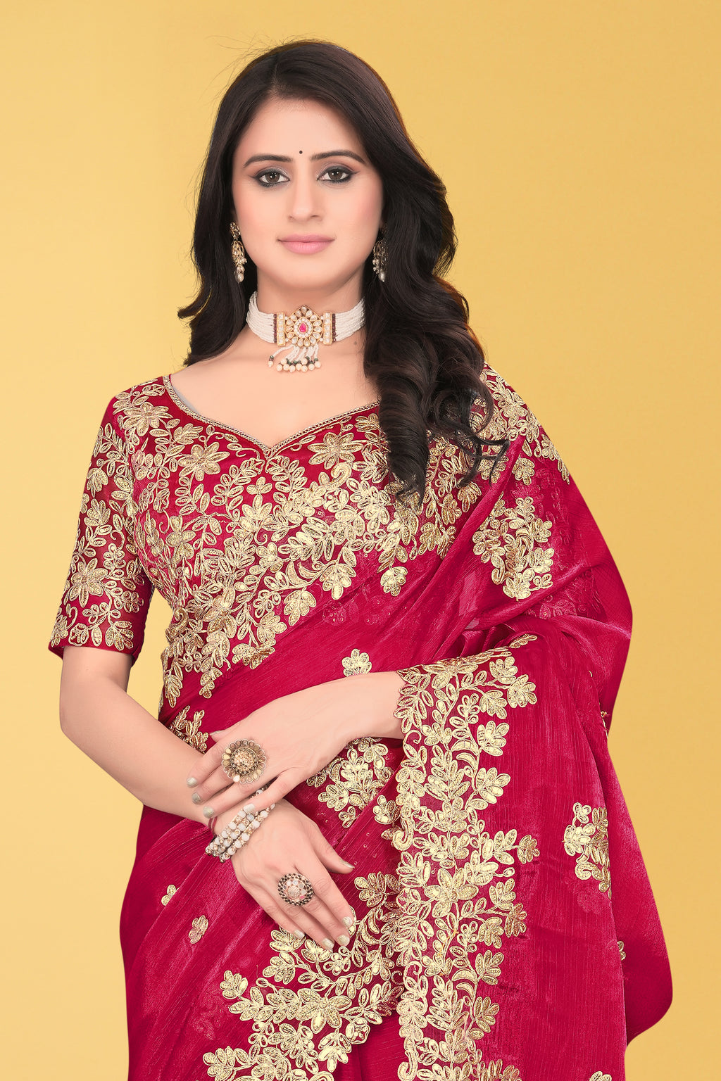 Floral Embroidered Saree with Intricate Leaf Motifs – Avirat Designer Studio