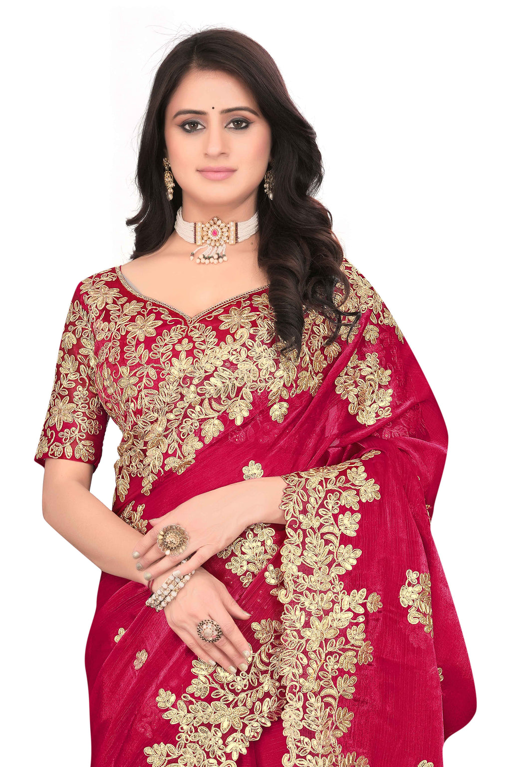 Shimmer Georgette Embroidered Saree with Designer Border - Red