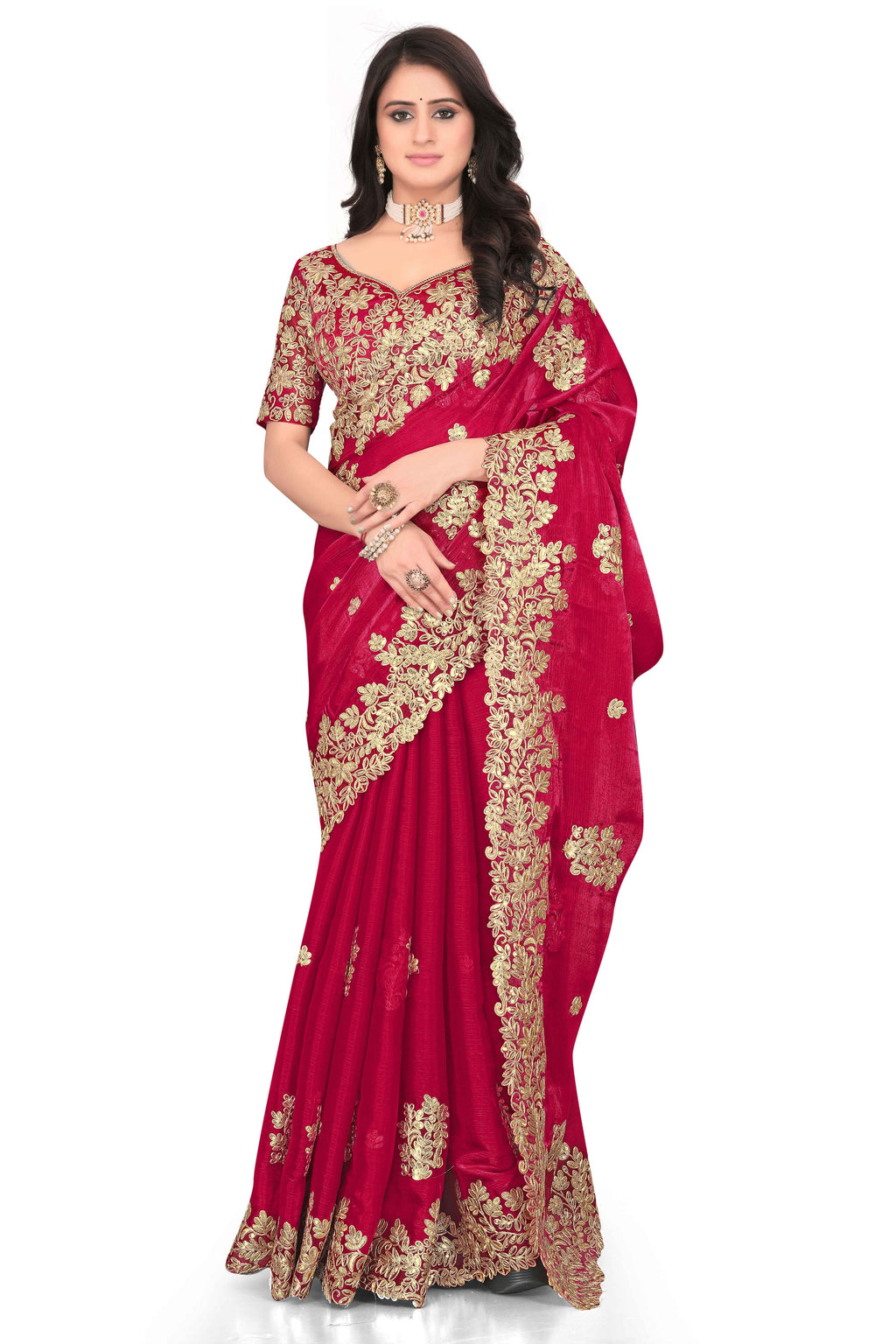 Shimmer Georgette Embroidered Saree with Designer Border - Red