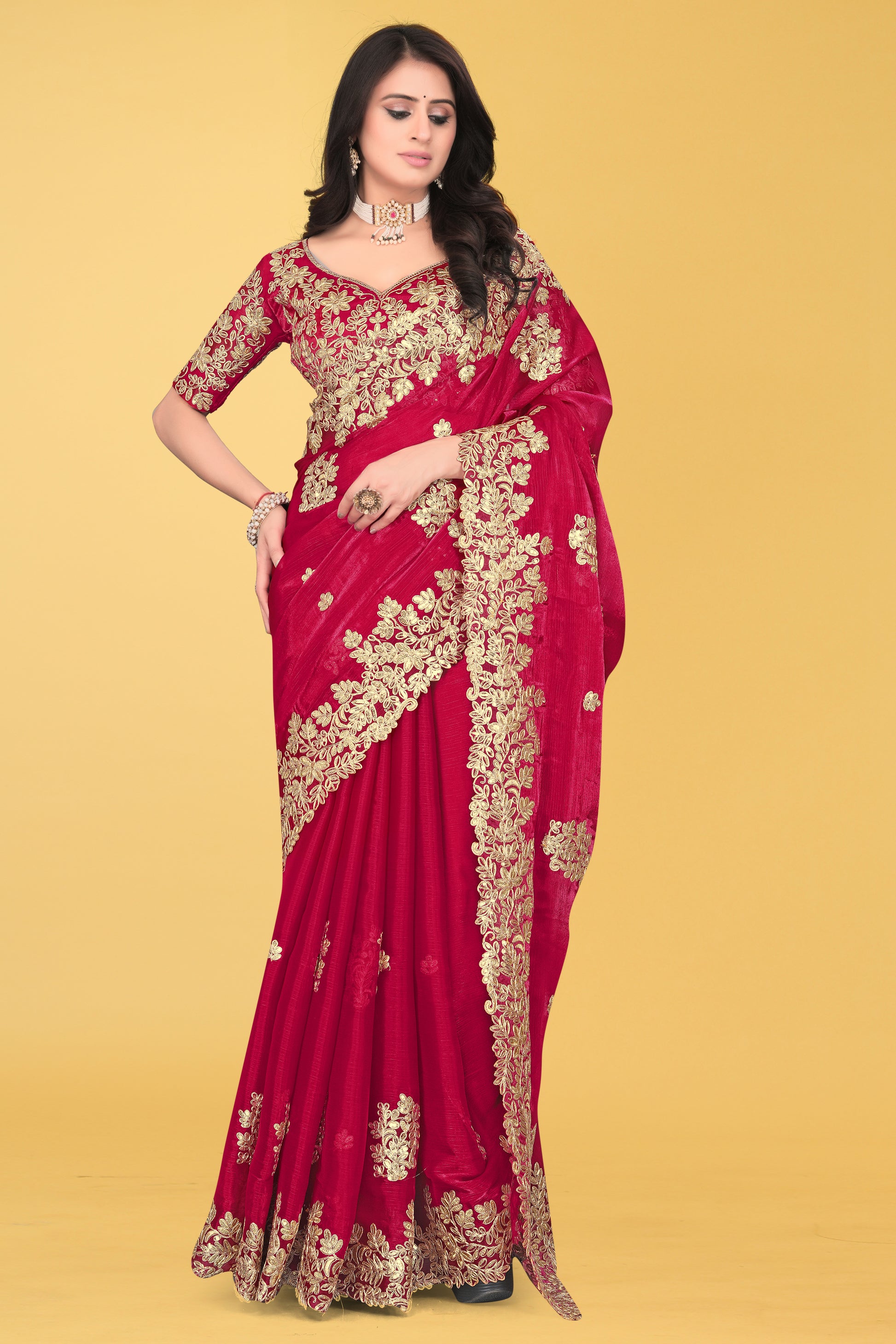 Floral Embroidered Saree with Intricate Leaf Motifs – Avirat Designer Studio