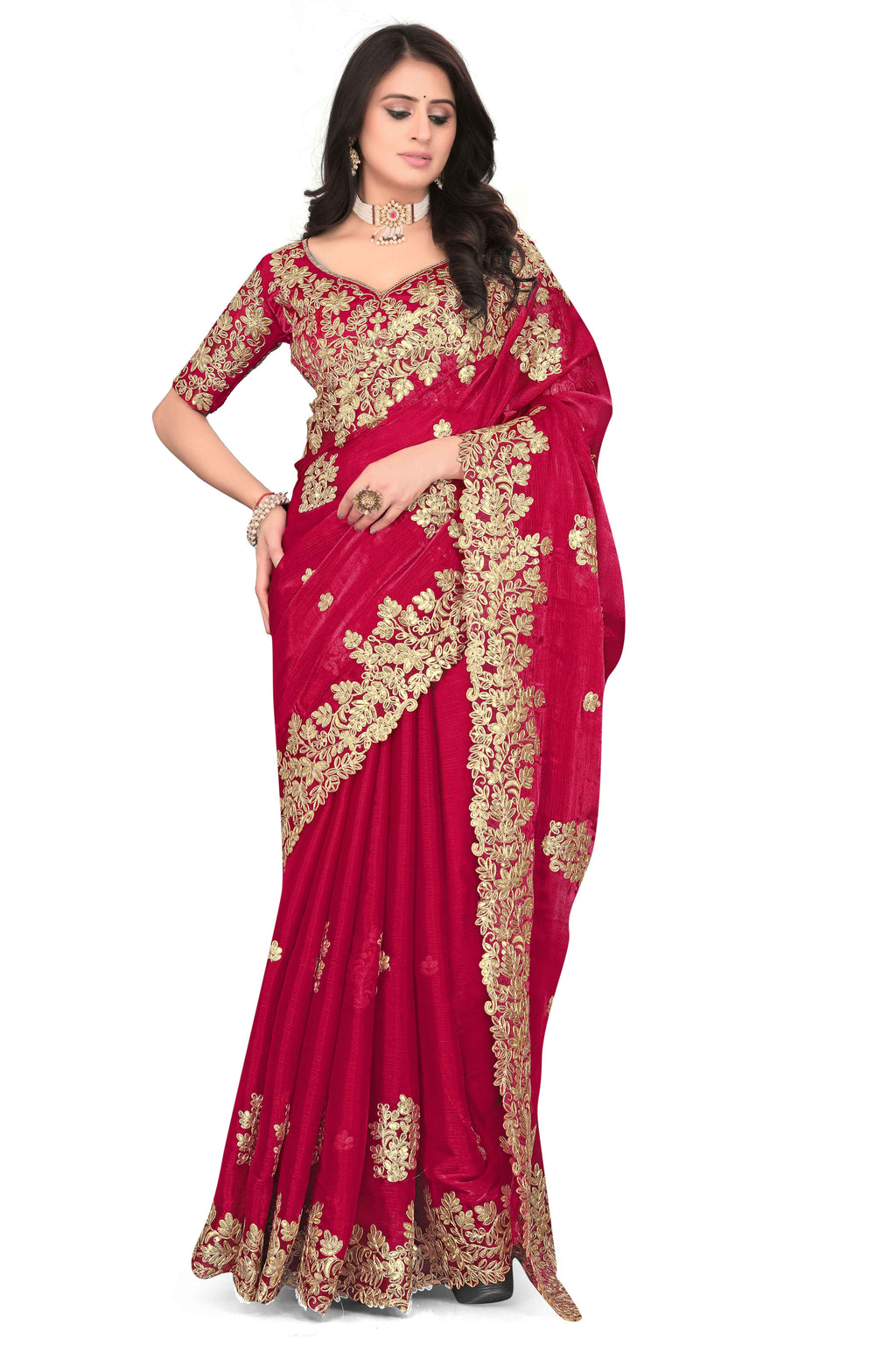 Shimmer Georgette Embroidered Saree with Designer Border - Red