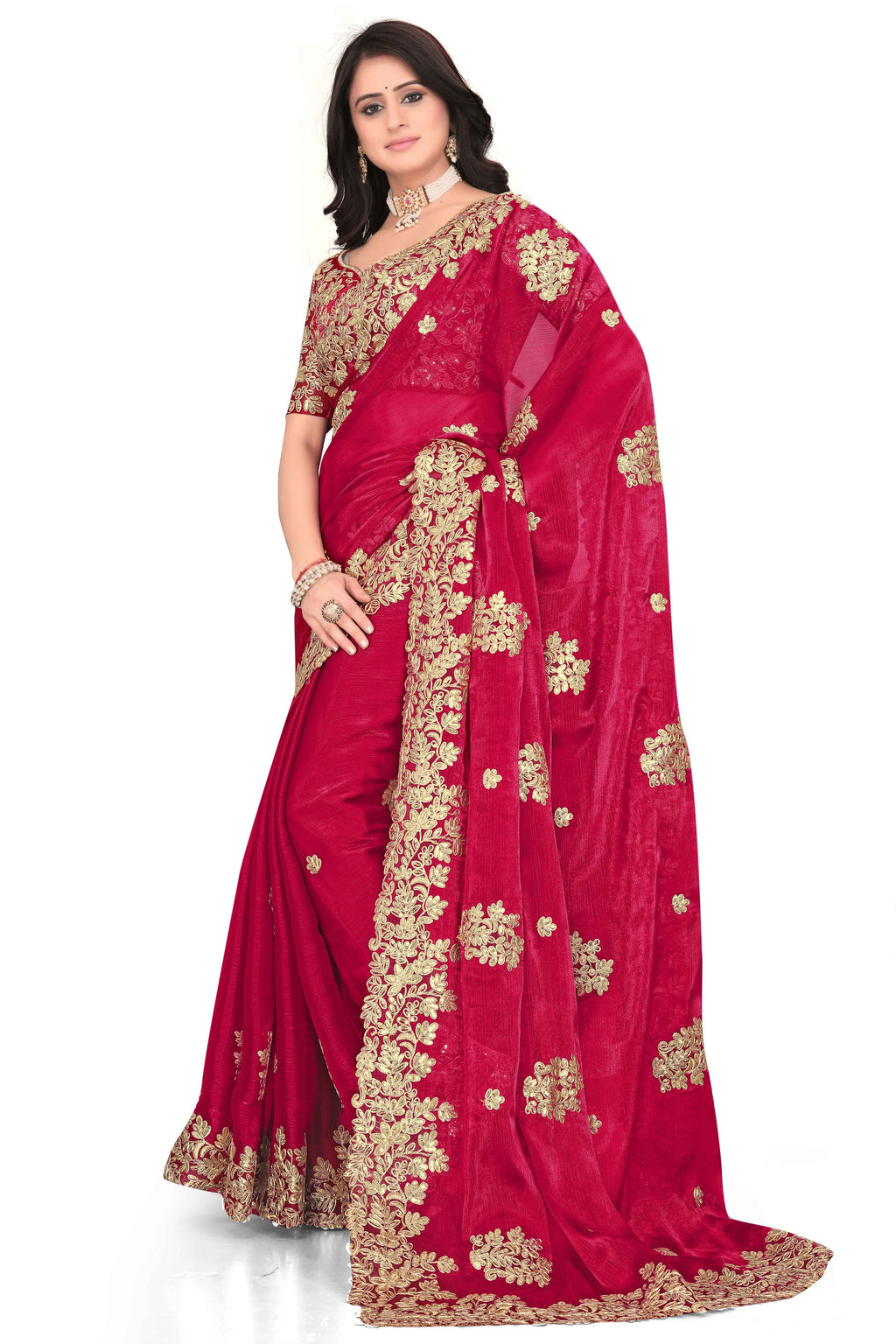 Shimmer Georgette Embroidered Saree with Designer Border - Red