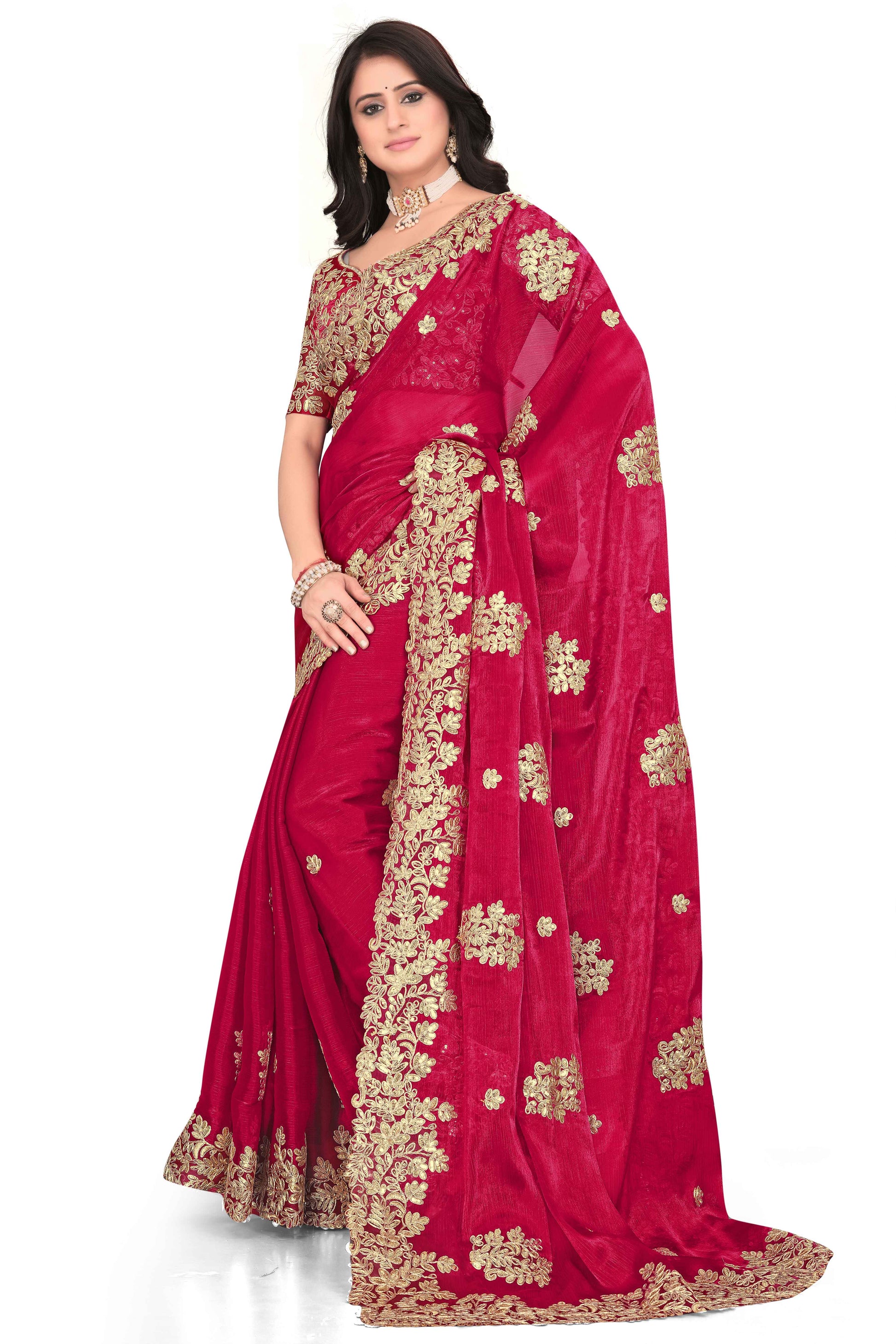Shimmer Georgette Embroidered Saree with Designer Border - Red