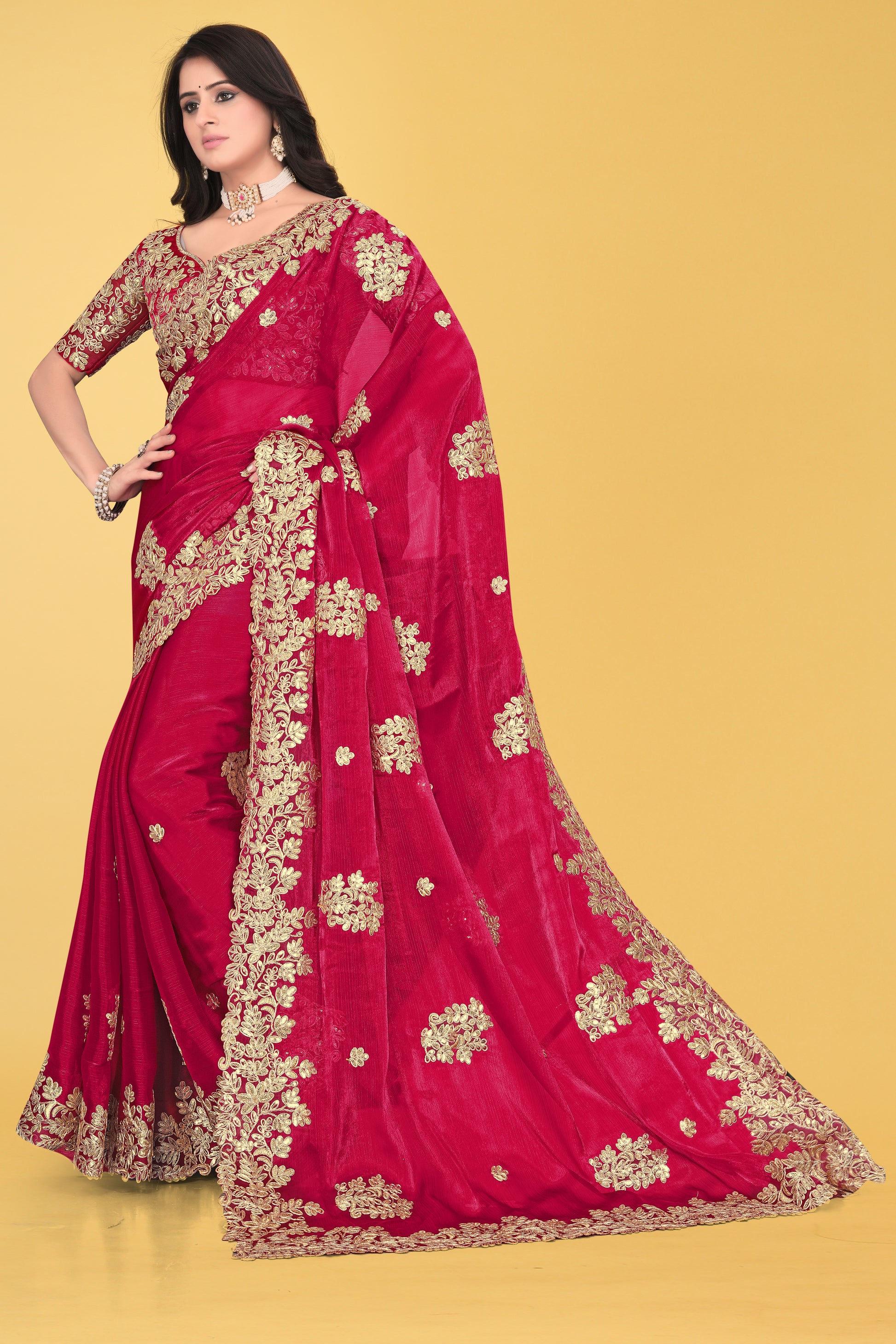 Floral Embroidered Saree with Intricate Leaf Motifs – Avirat Designer Studio