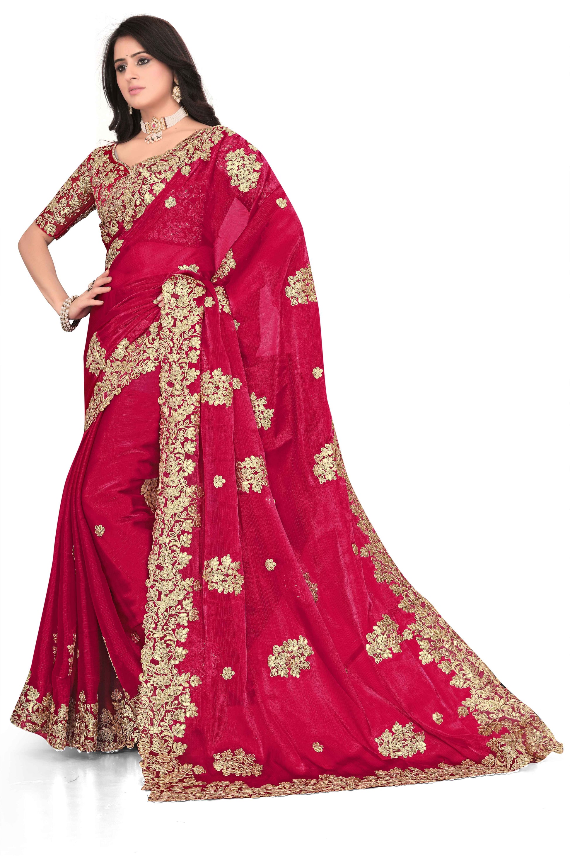 Shimmer Georgette Embroidered Saree with Designer Border - Red