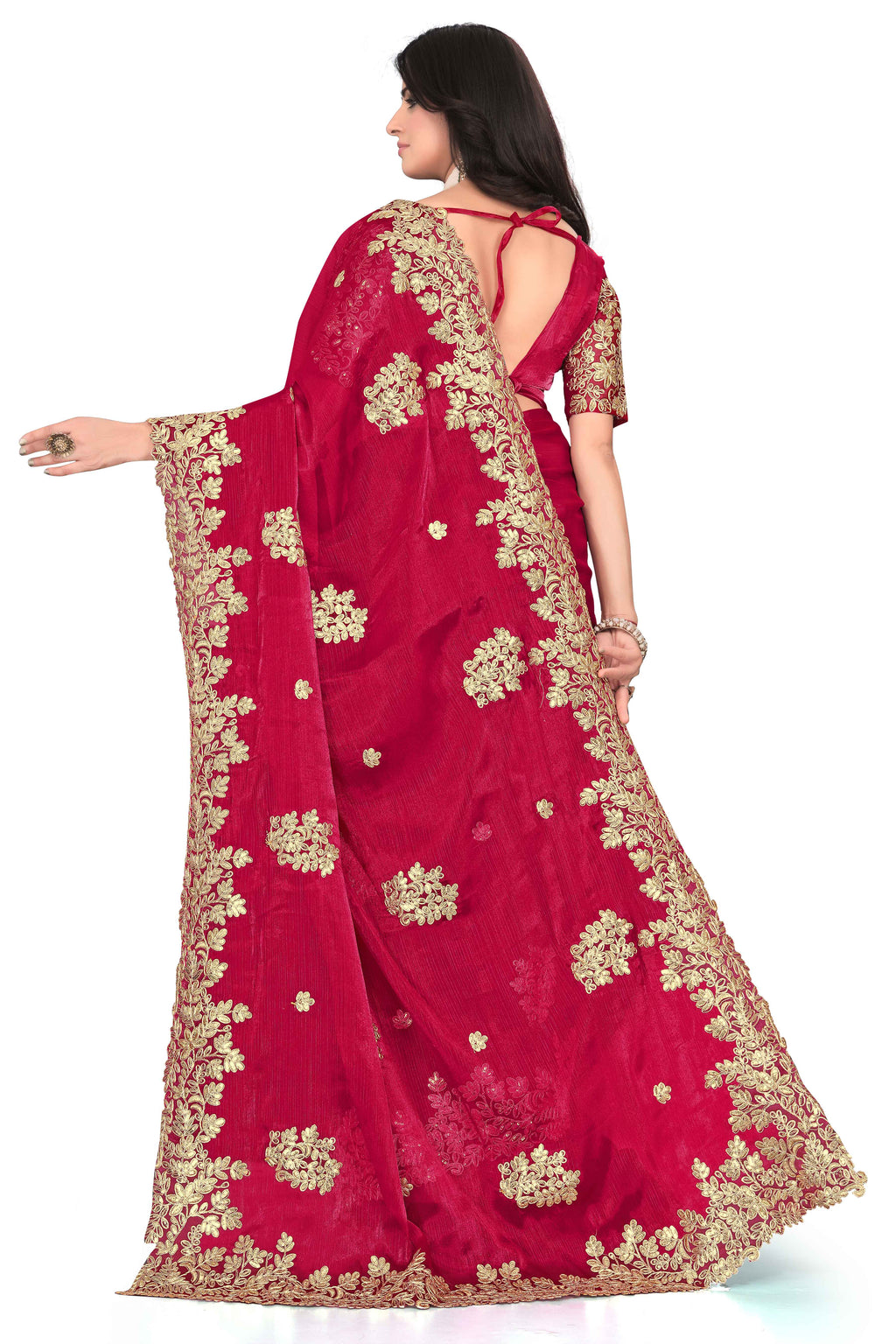 Shimmer Georgette Embroidered Saree with Designer Border - Red