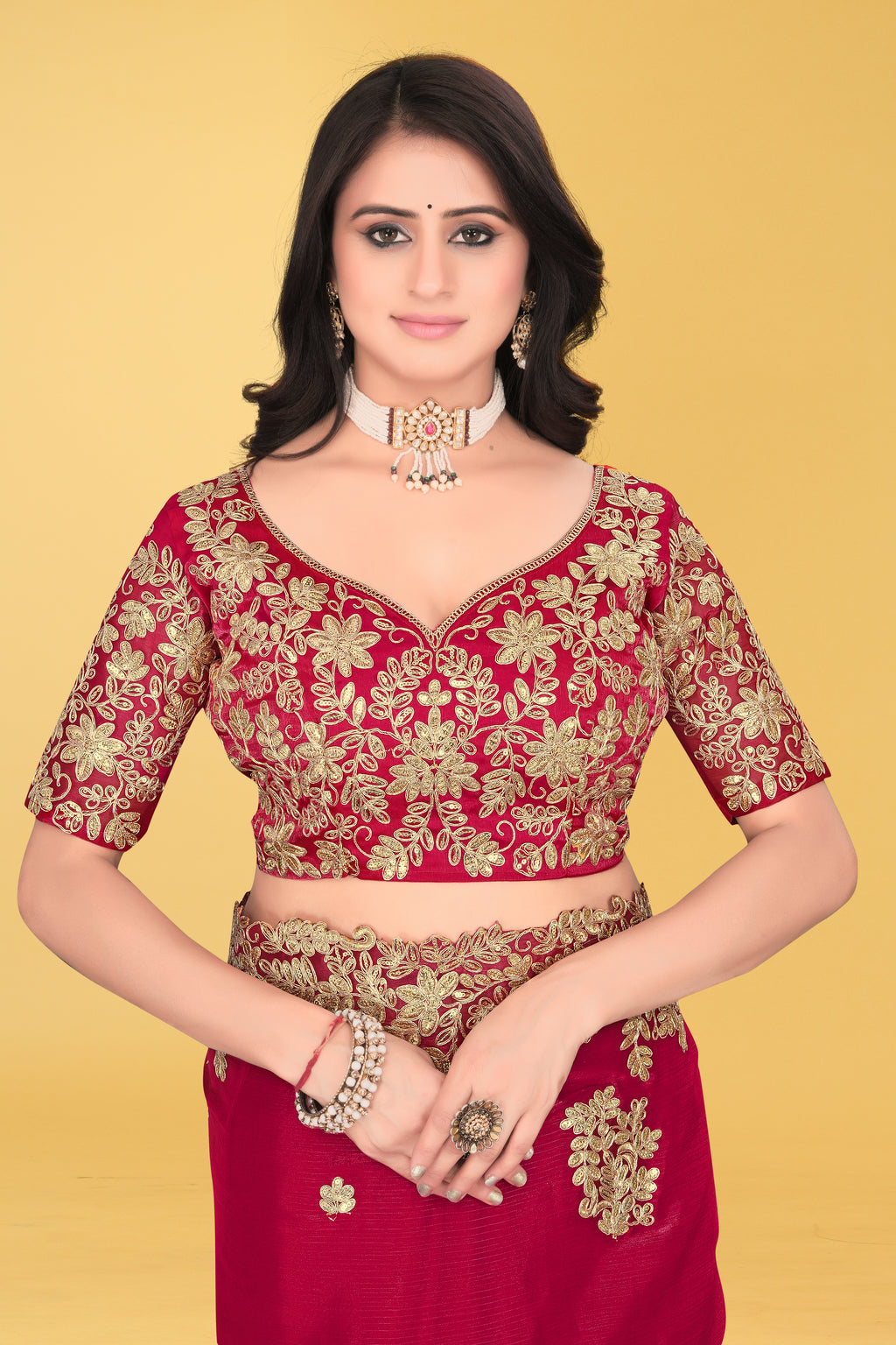 Floral Embroidered Saree with Intricate Leaf Motifs – Avirat Designer Studio