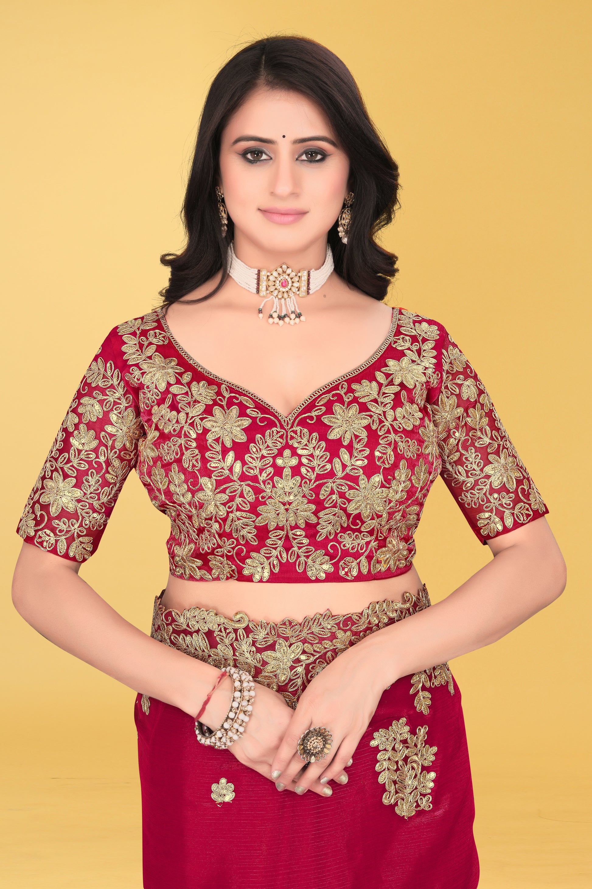 Floral Embroidered Saree with Intricate Leaf Motifs – Avirat Designer Studio