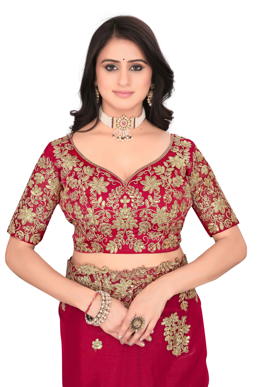 Shimmer Georgette Embroidered Saree with Designer Border - Red