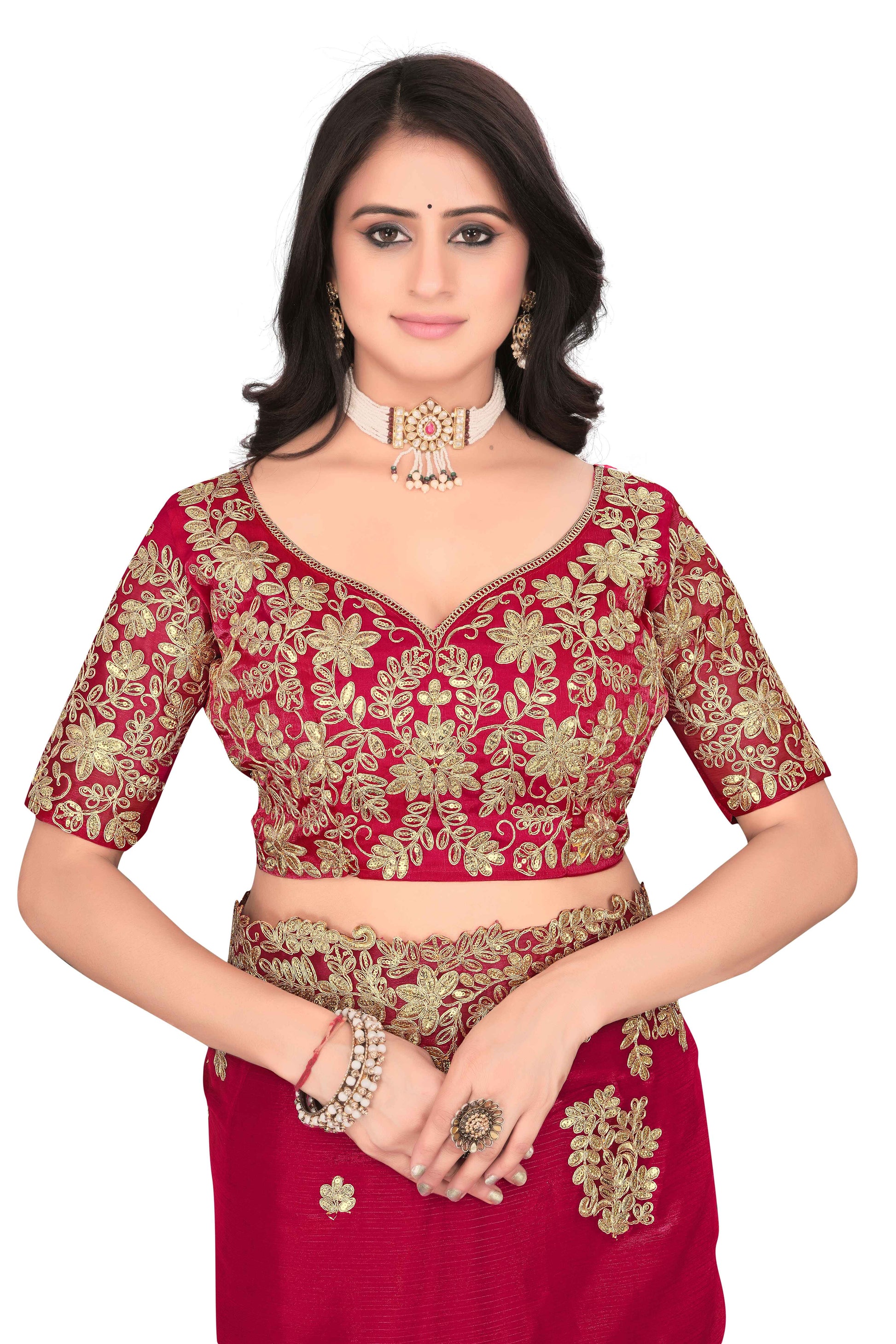 Shimmer Georgette Embroidered Saree with Designer Border - Red