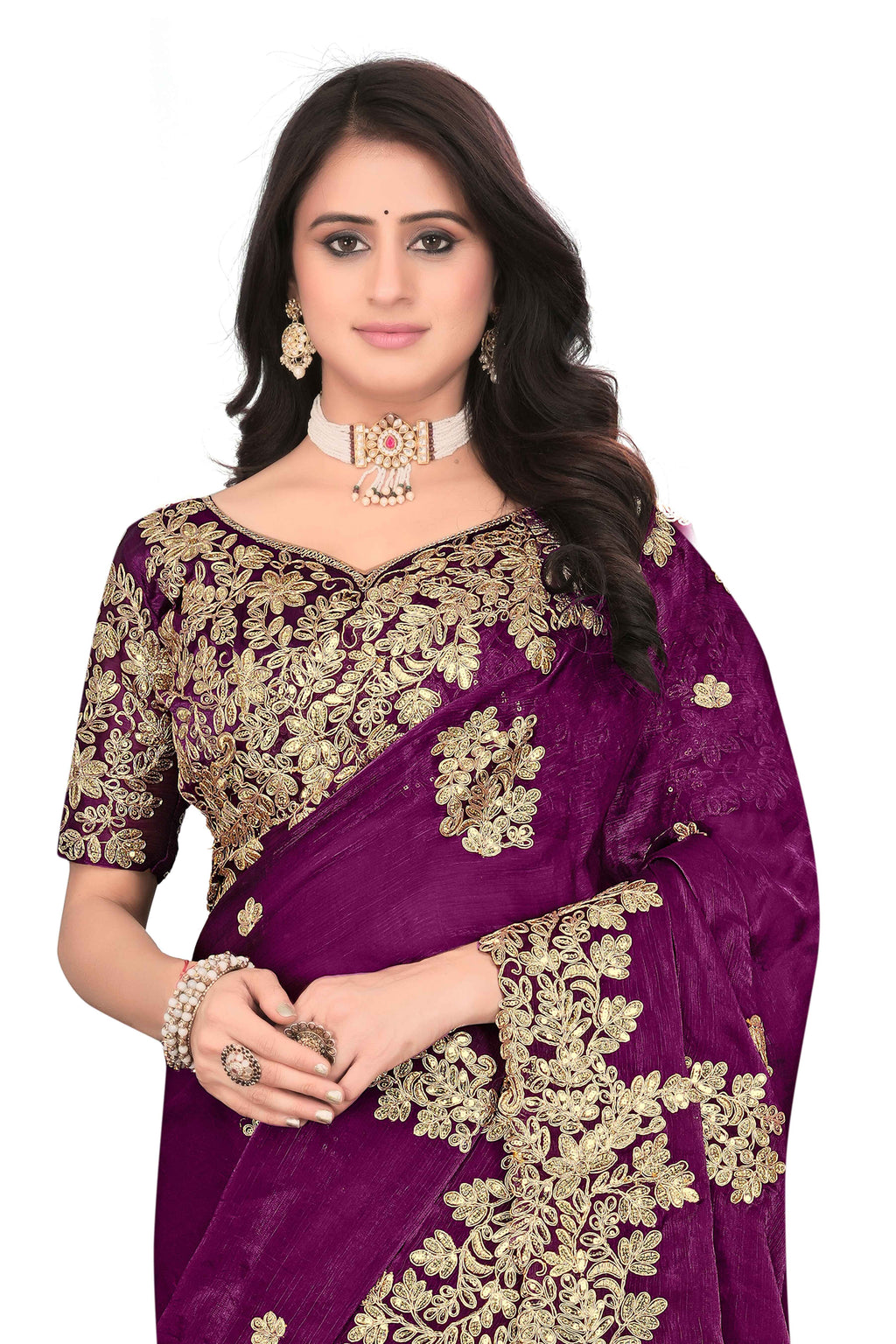 Shimmer Georgette Embroidered Saree with Designer Border - Maroon