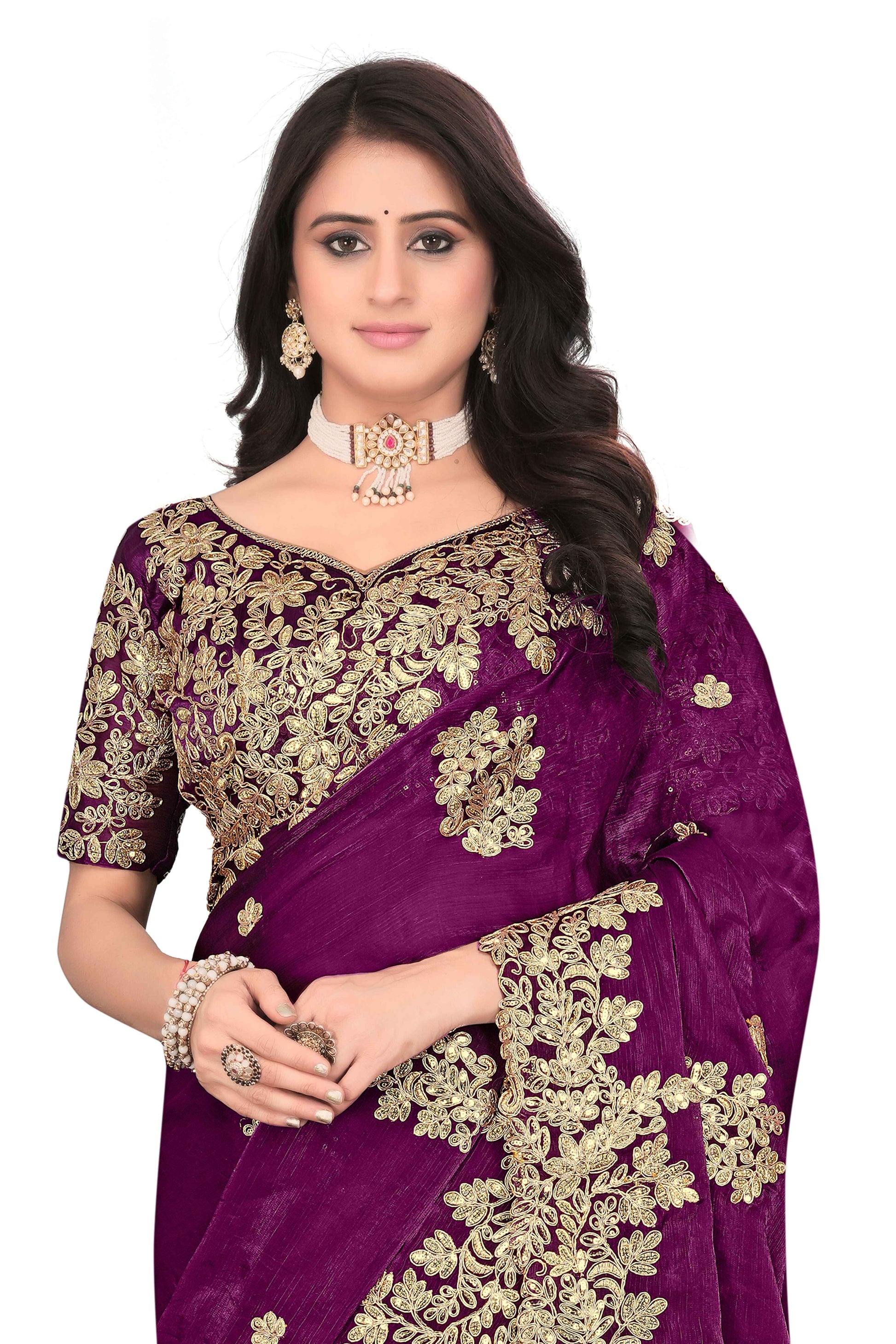 Shimmer Georgette Embroidered Saree with Designer Border - Maroon