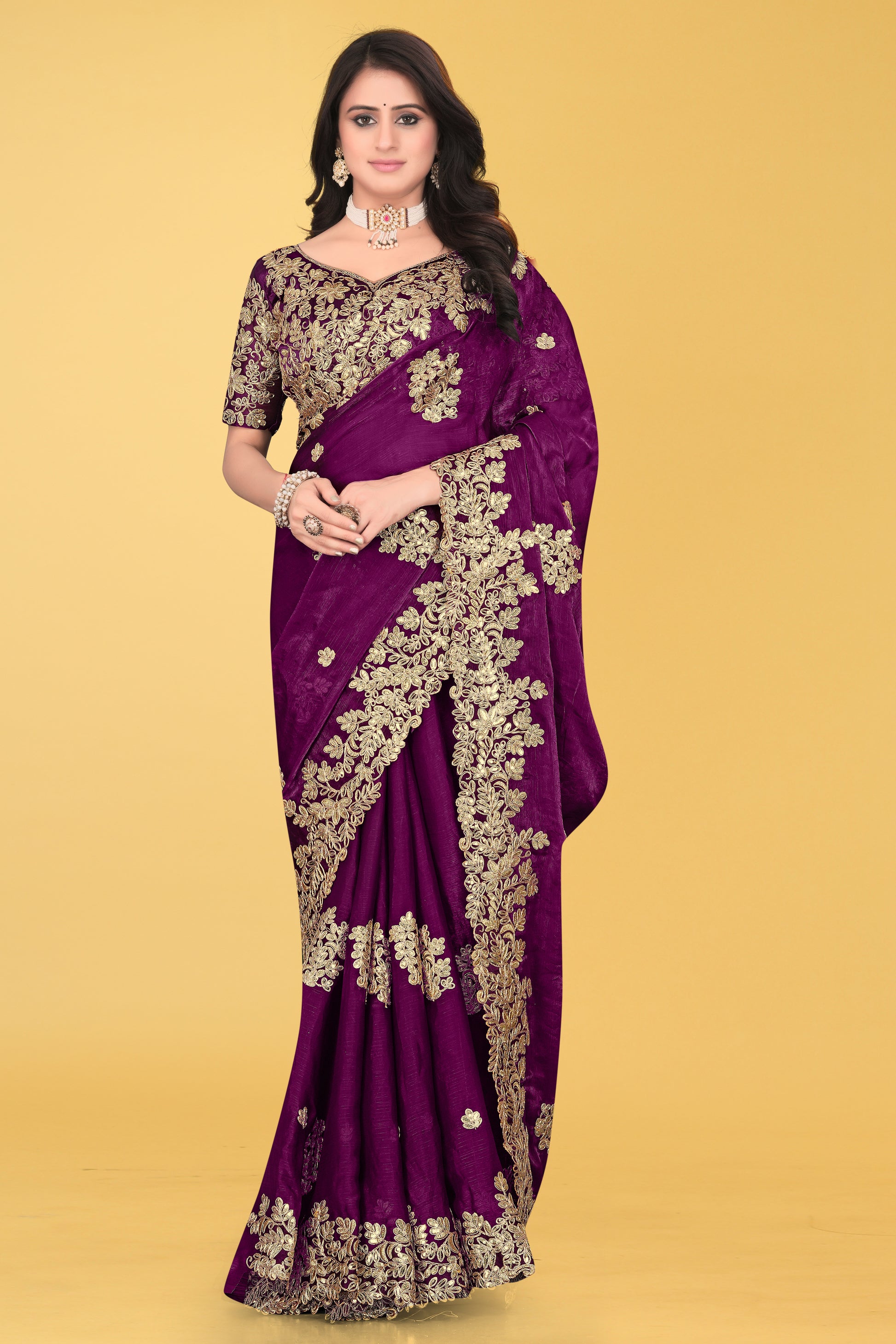 Floral Embroidered Saree with Intricate Leaf Motifs – Avirat Designer Studio