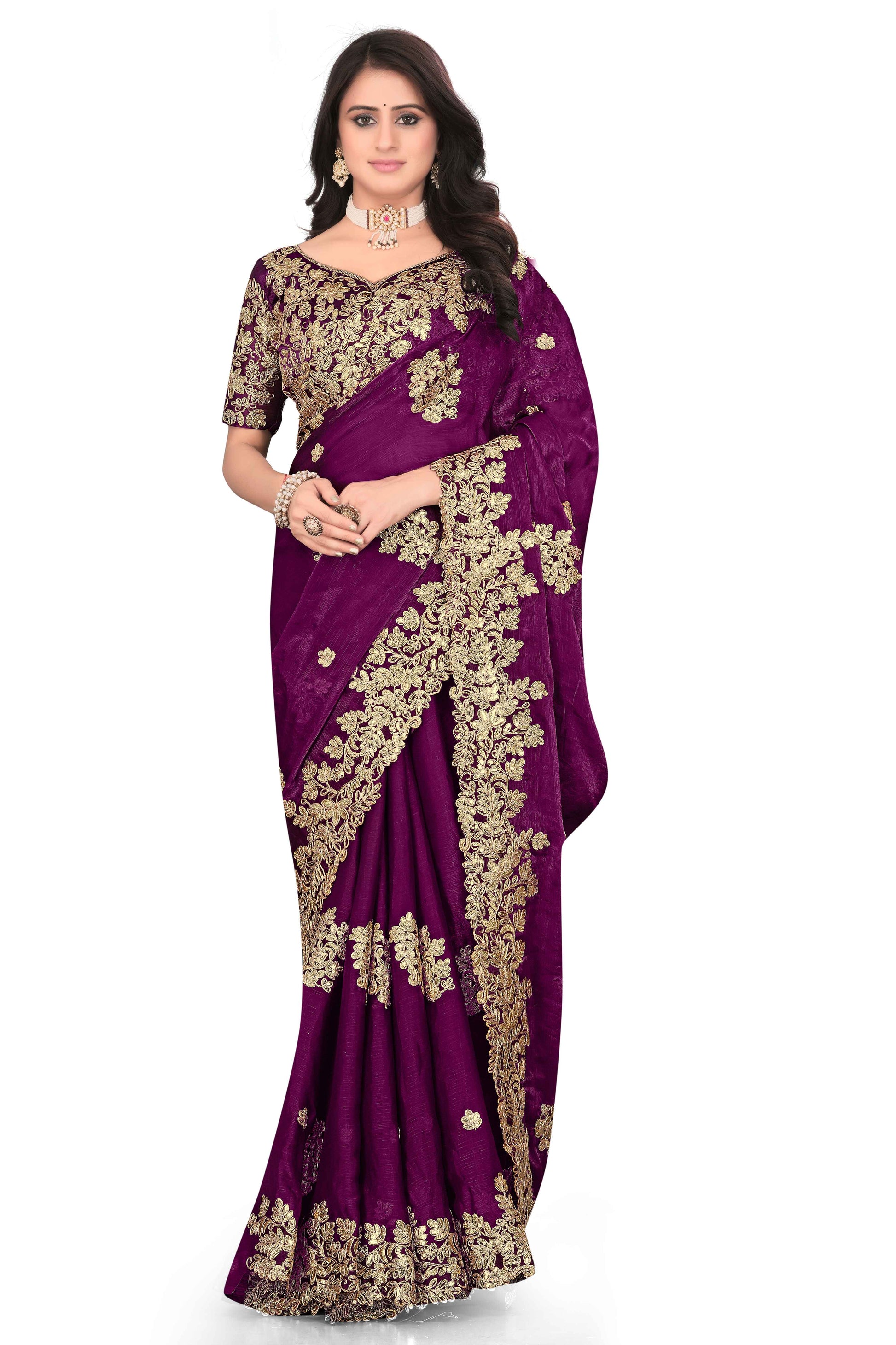 Shimmer Georgette Embroidered Saree with Designer Border - Maroon