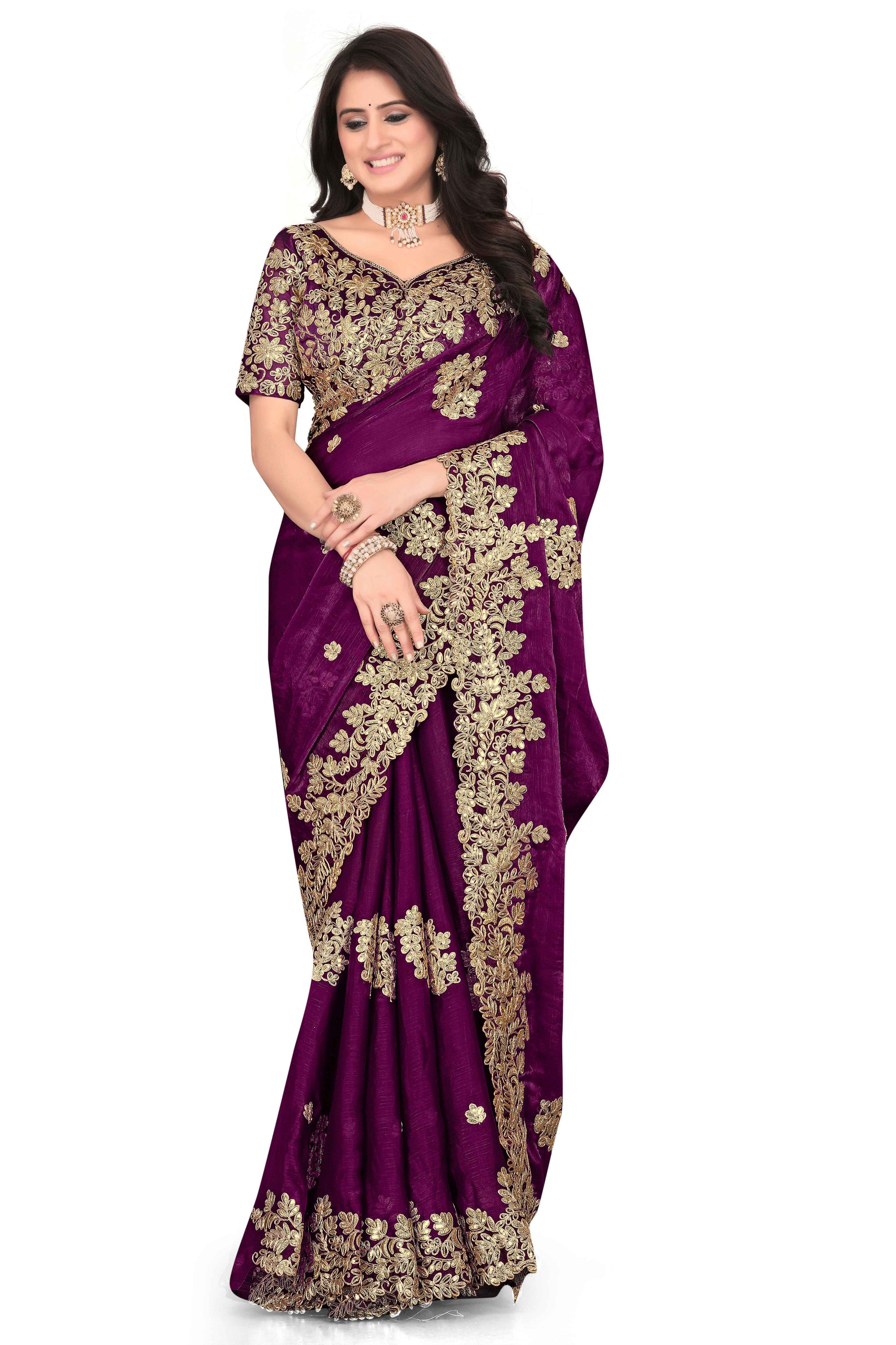 Shimmer Georgette Embroidered Saree with Designer Border - Maroon