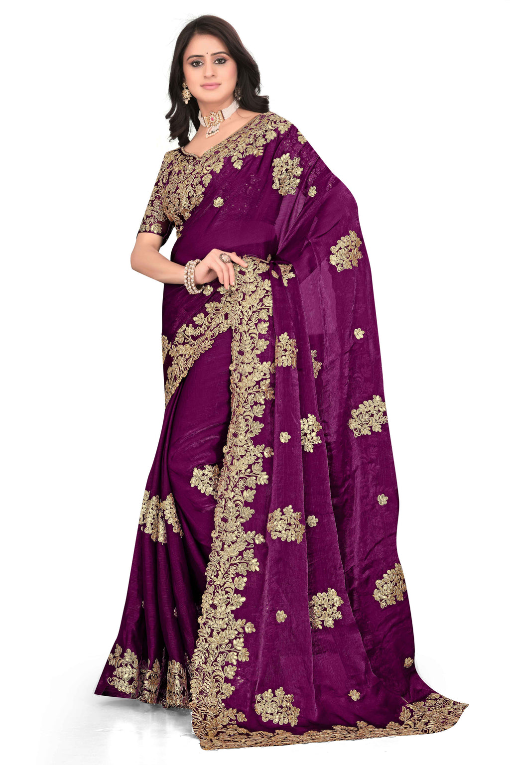 Shimmer Georgette Embroidered Saree with Designer Border - Maroon