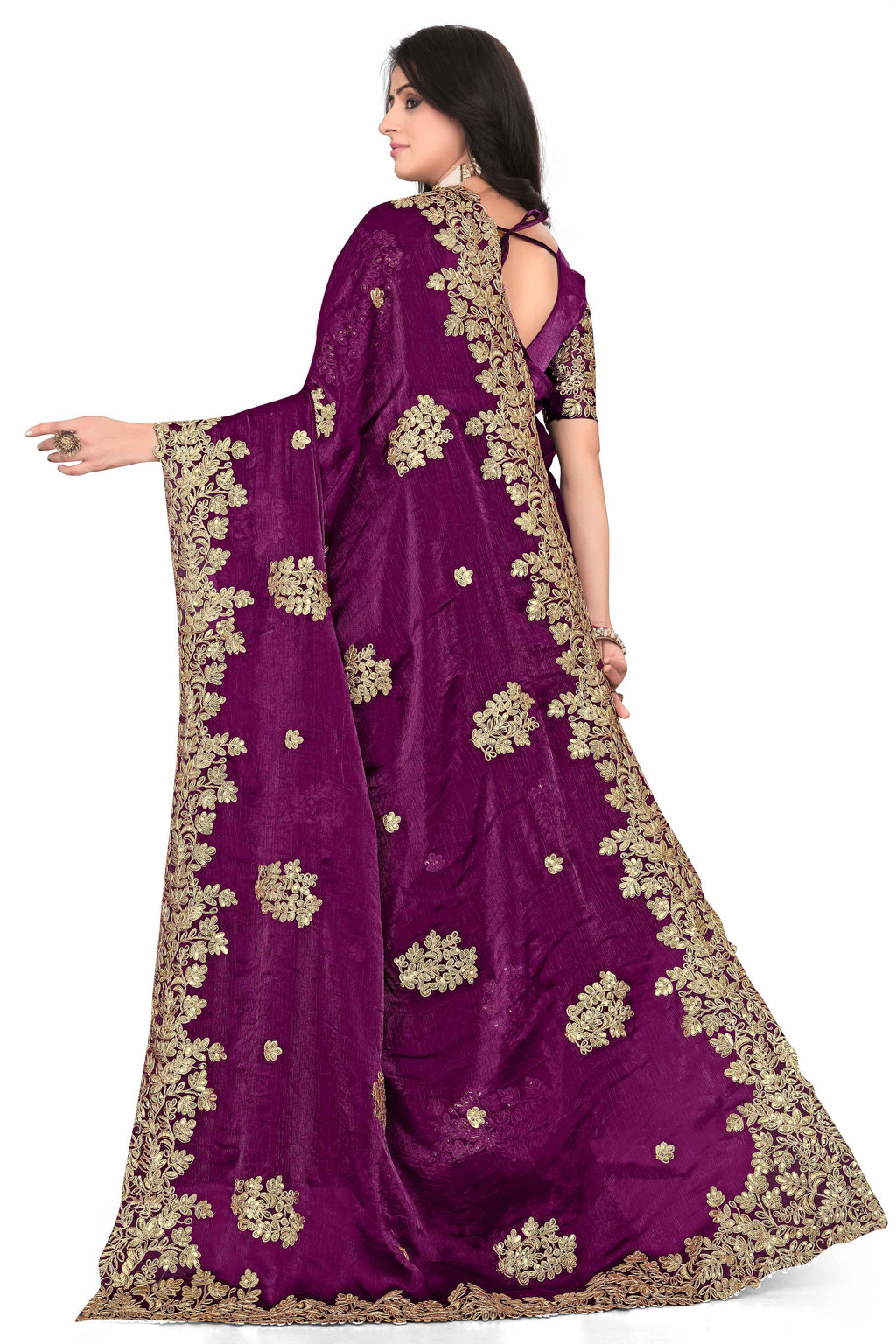Shimmer Georgette Embroidered Saree with Designer Border - Maroon