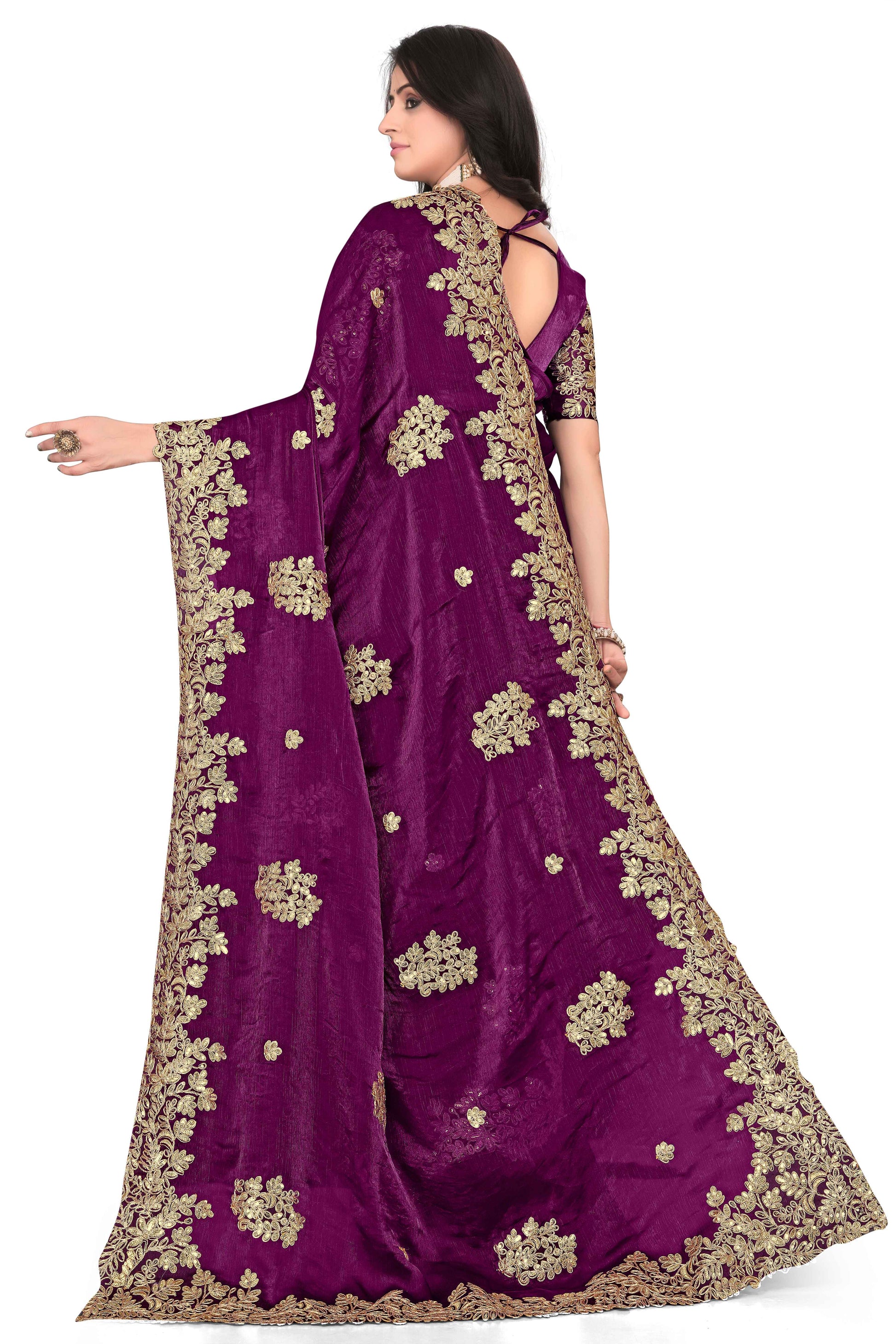 Shimmer Georgette Embroidered Saree with Designer Border - Maroon