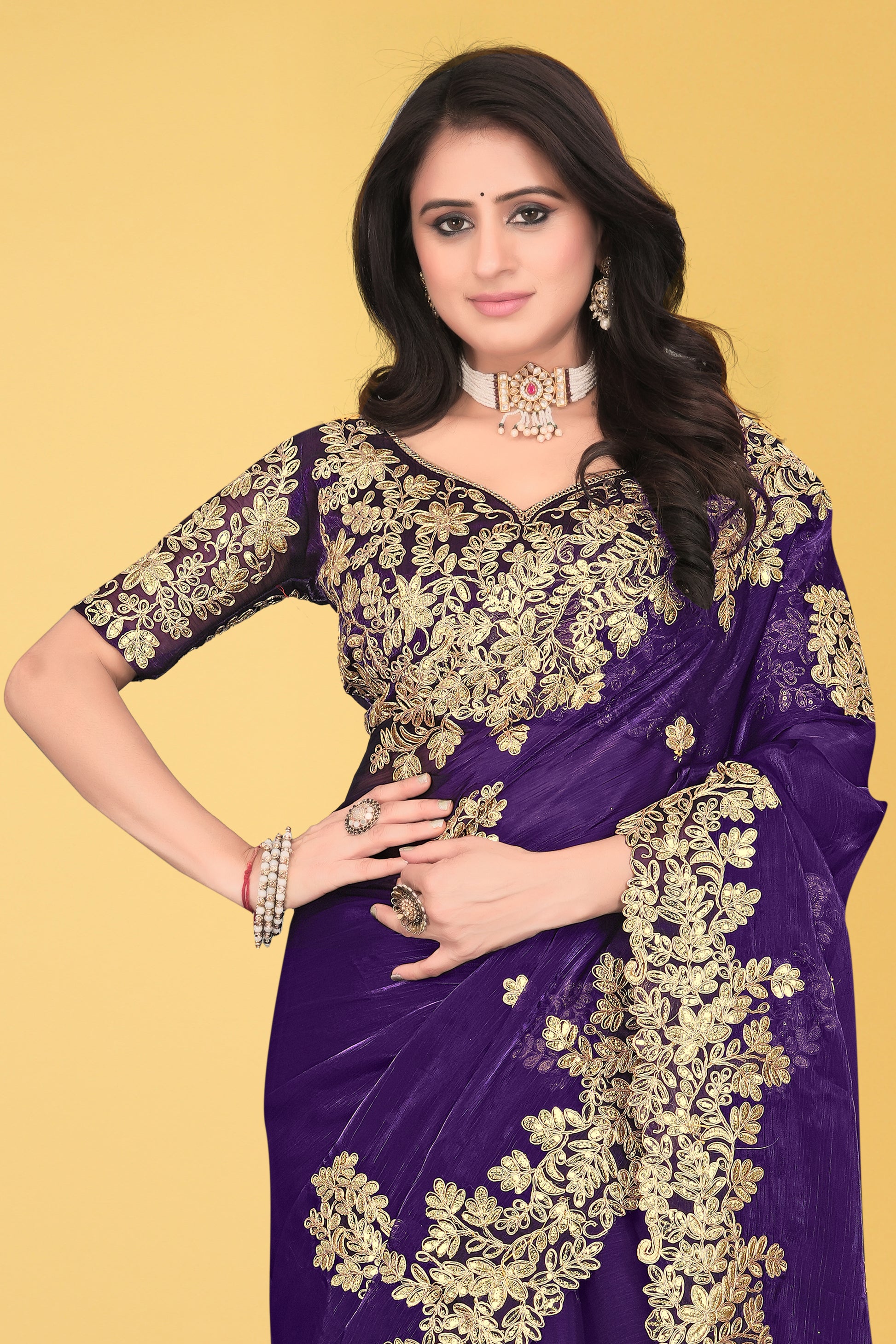 Floral Embroidered Saree with Intricate Leaf Motifs – Avirat Designer Studio
