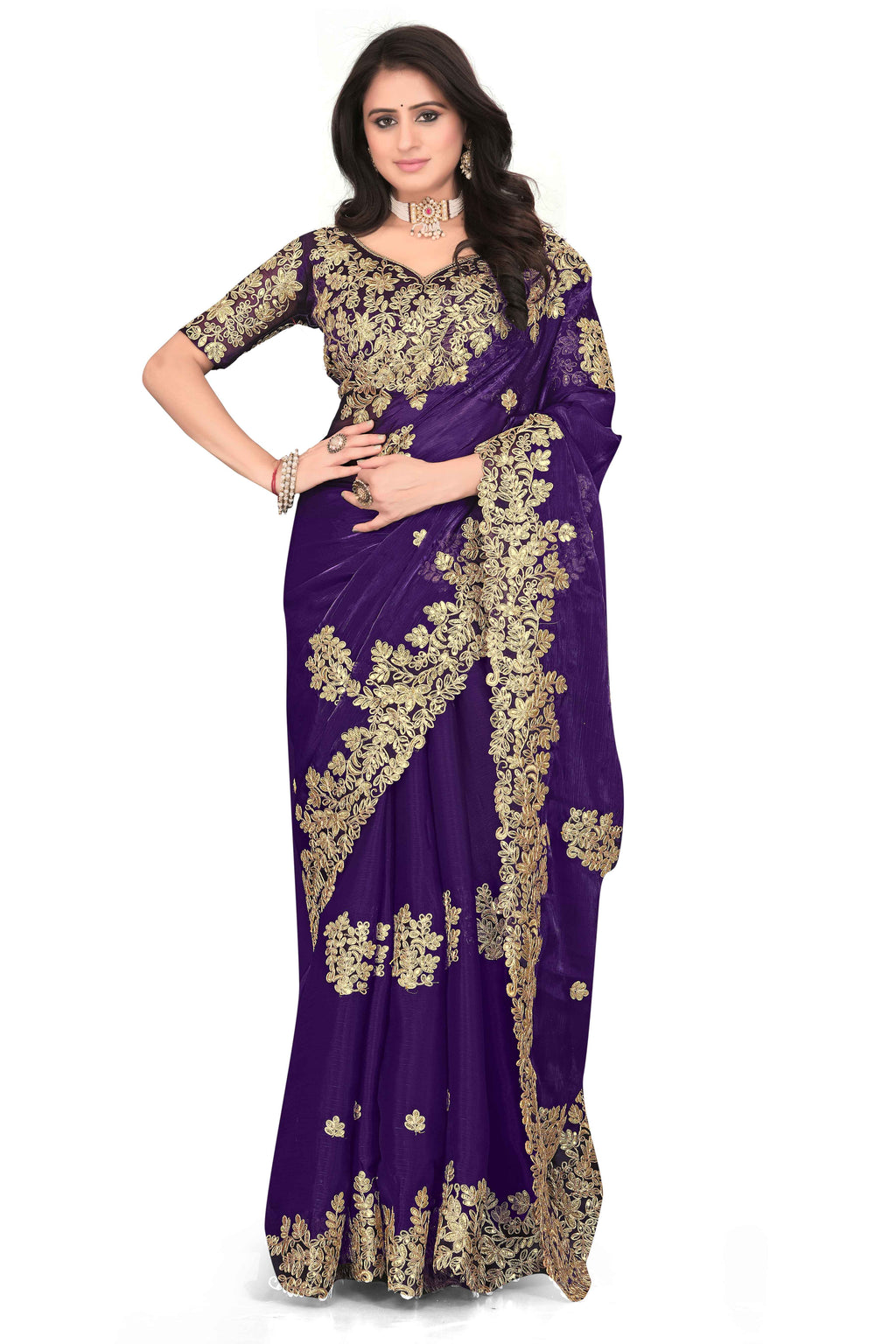 Shimmer Georgette Embroidered Saree with Designer Border - Purple