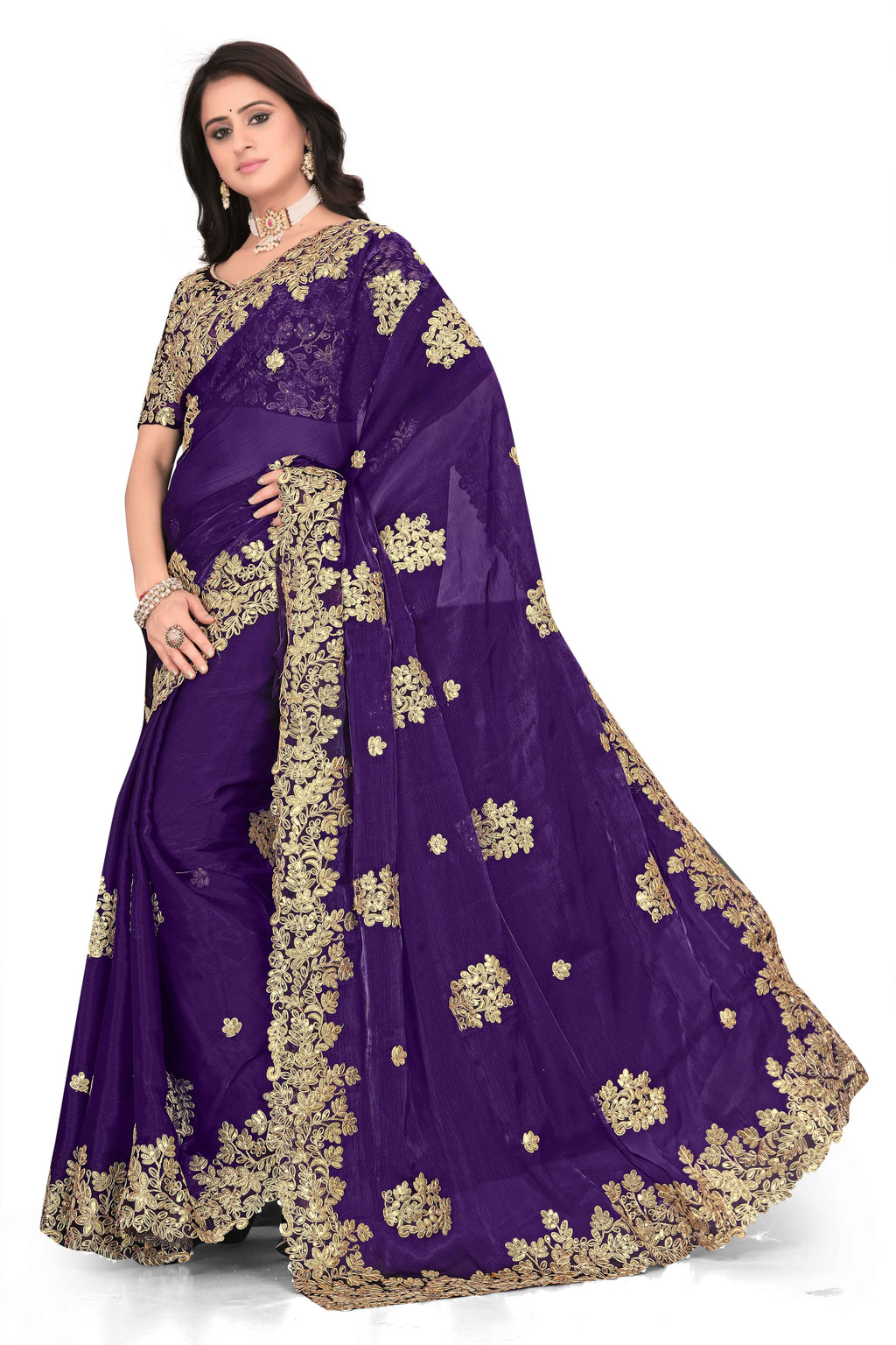 Shimmer Georgette Embroidered Saree with Designer Border - Purple