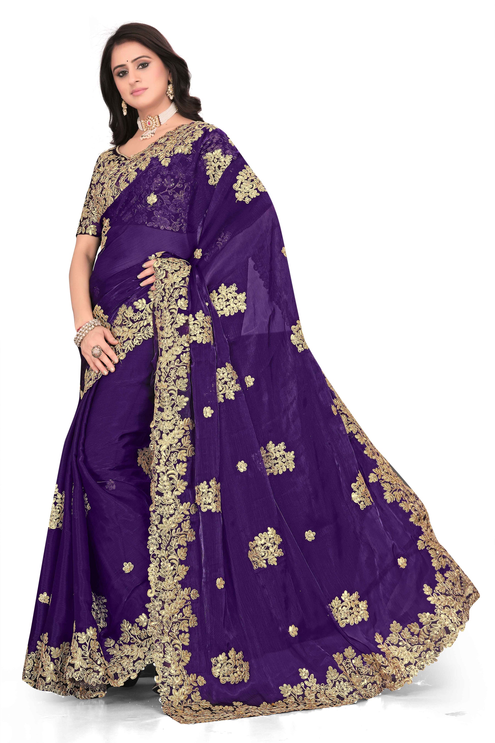 Shimmer Georgette Embroidered Saree with Designer Border - Purple