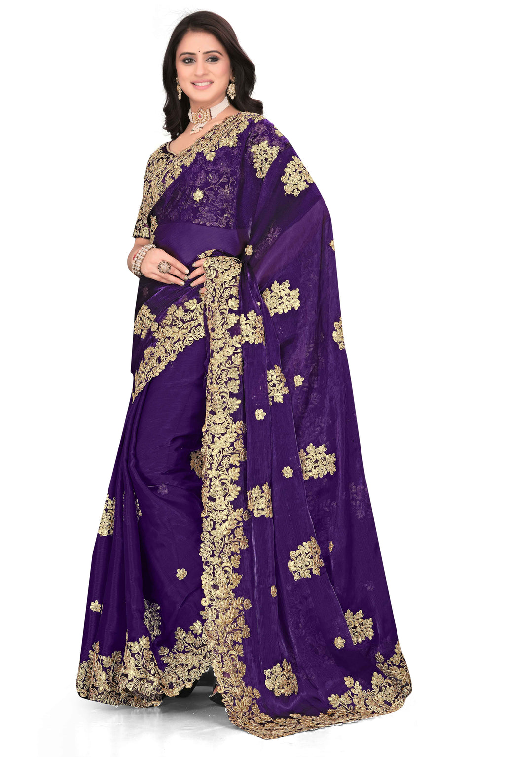 Shimmer Georgette Embroidered Saree with Designer Border - Purple