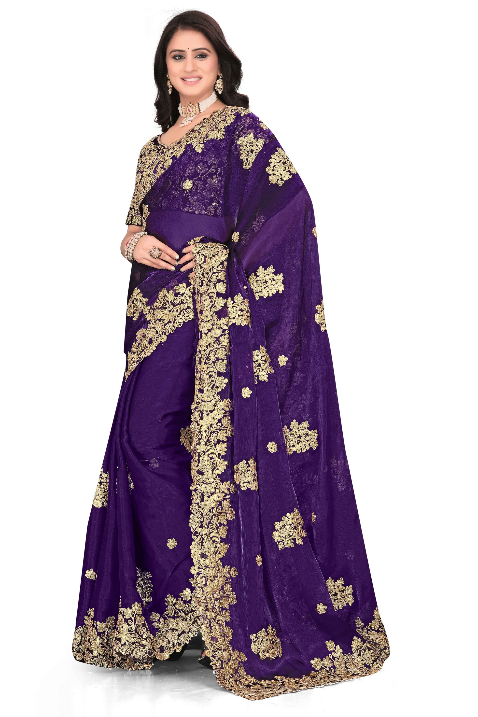 Shimmer Georgette Embroidered Saree with Designer Border - Purple