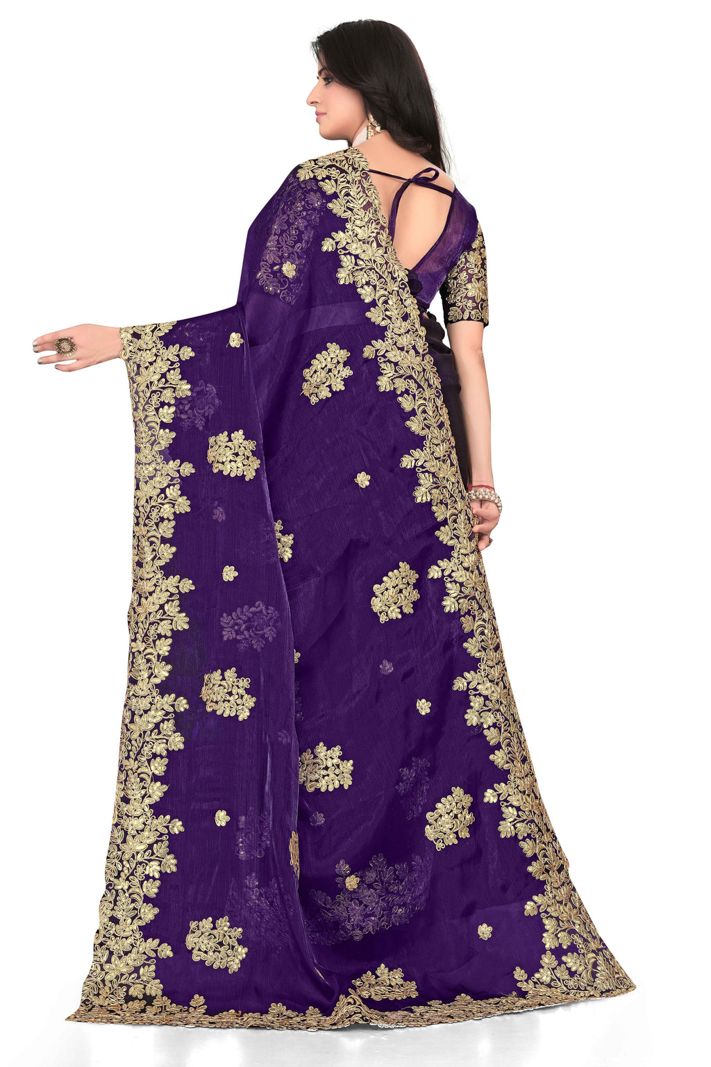 Shimmer Georgette Embroidered Saree with Designer Border - Purple