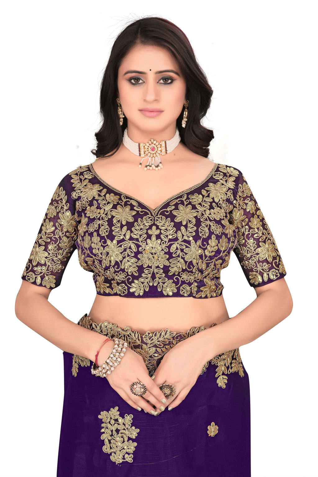 Shimmer Georgette Embroidered Saree with Designer Border - Purple