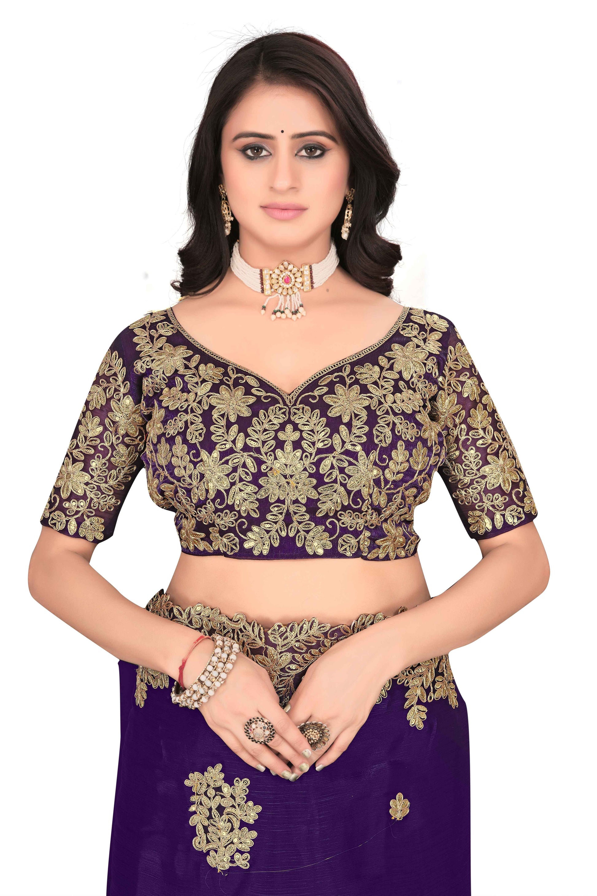Shimmer Georgette Embroidered Saree with Designer Border - Purple