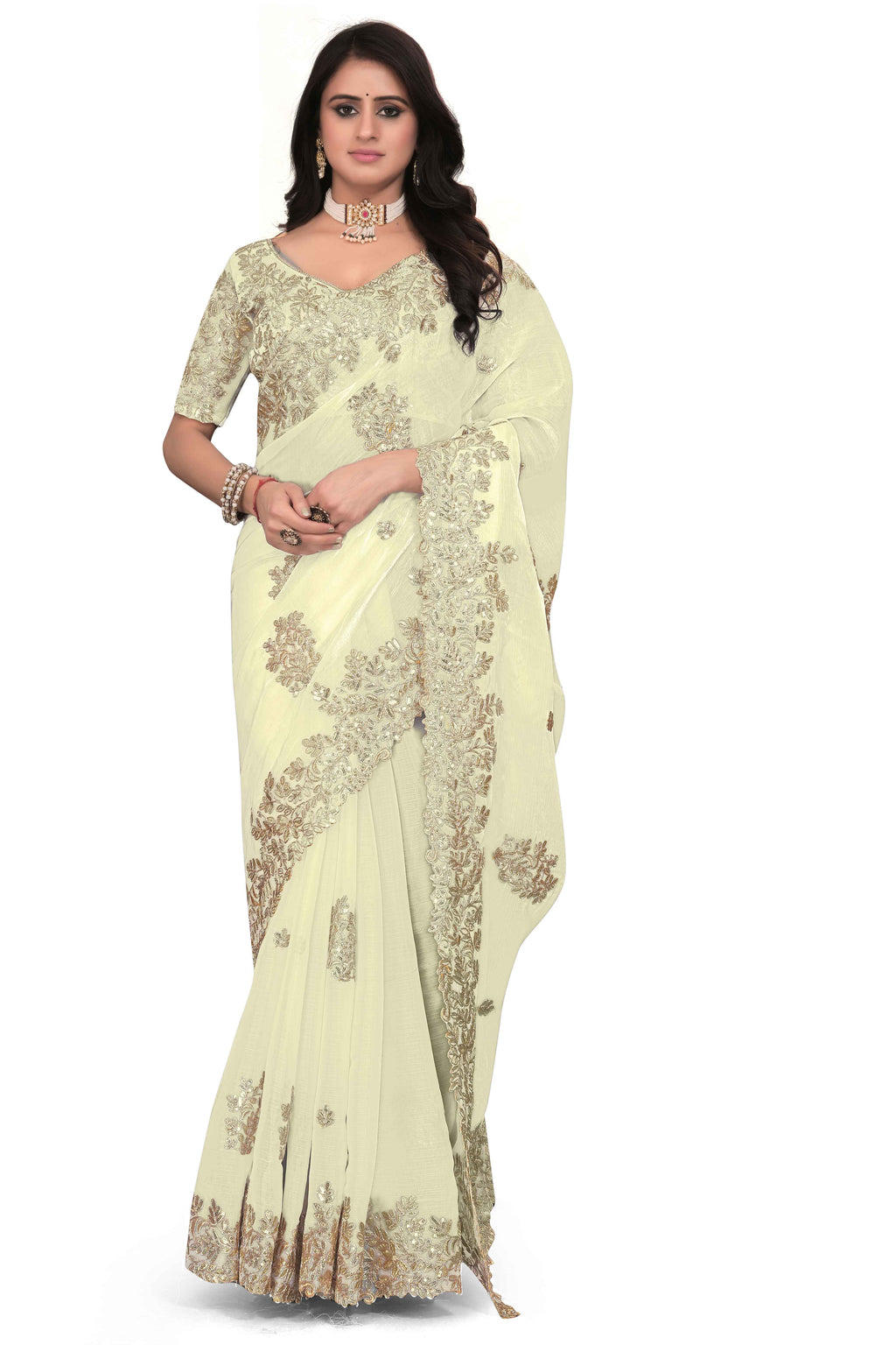 Shimmer Georgette Embroidered Saree with Designer Border - White