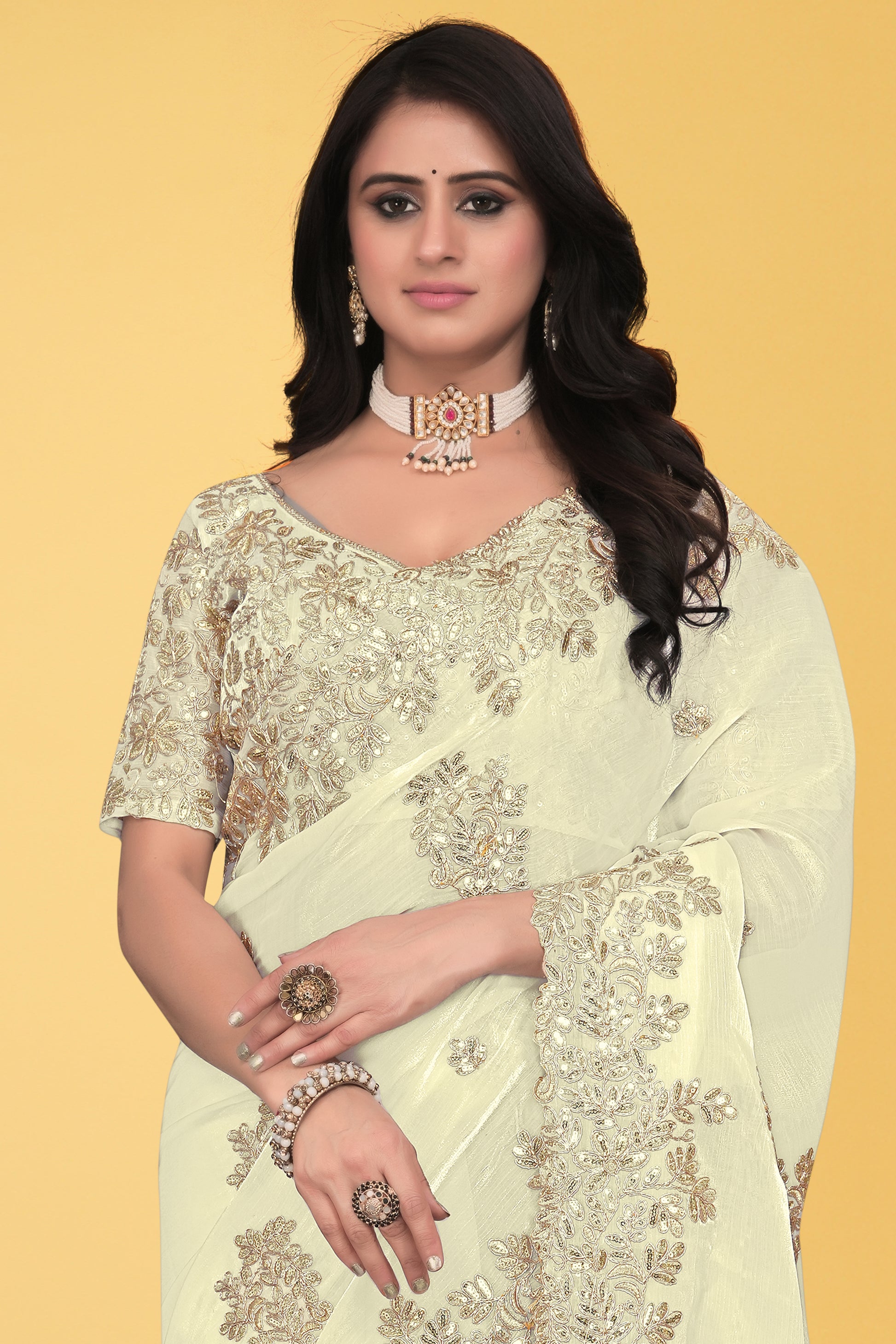 Floral Embroidered Saree with Intricate Leaf Motifs – Avirat Designer Studio