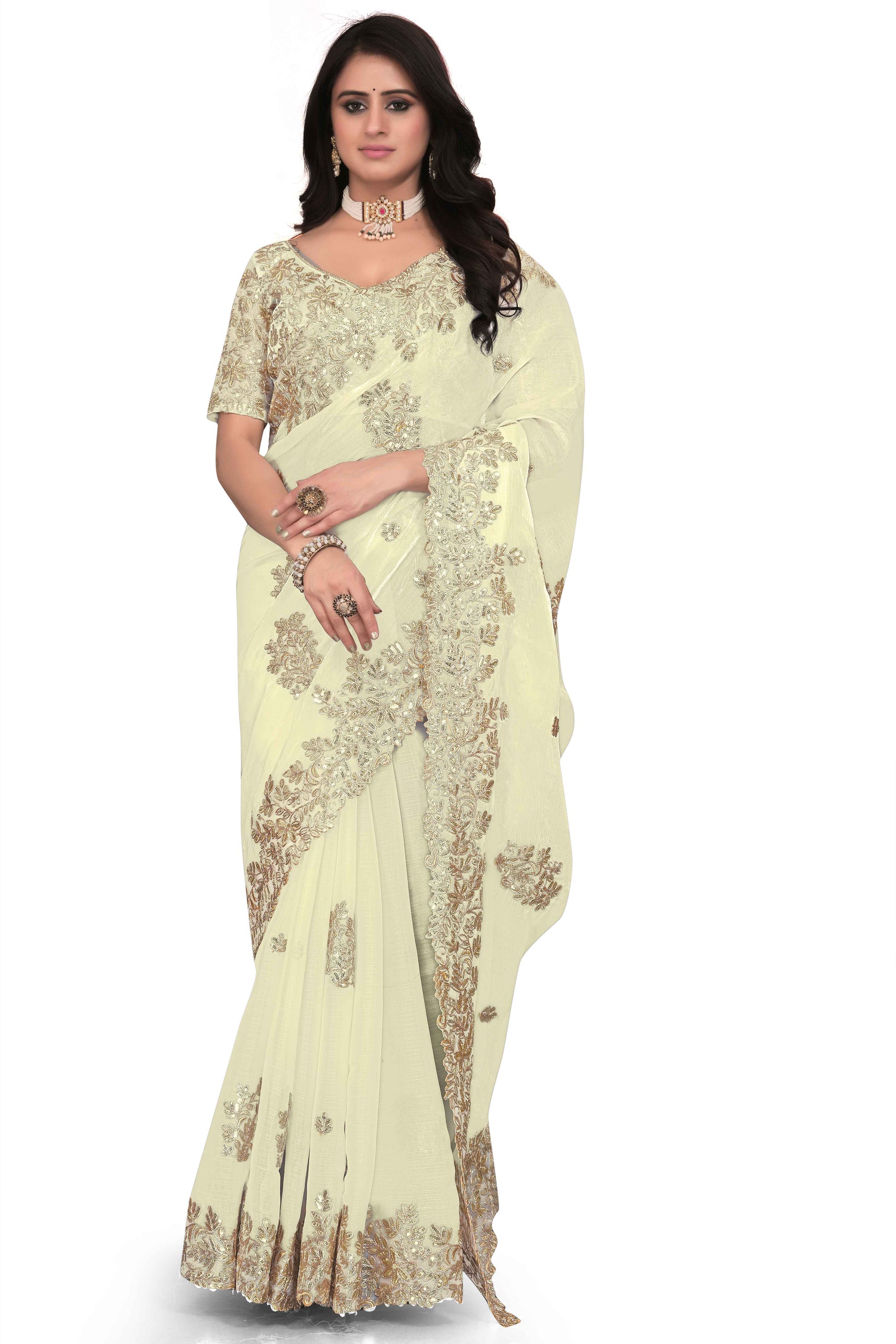 Shimmer Georgette Embroidered Saree with Designer Border - White