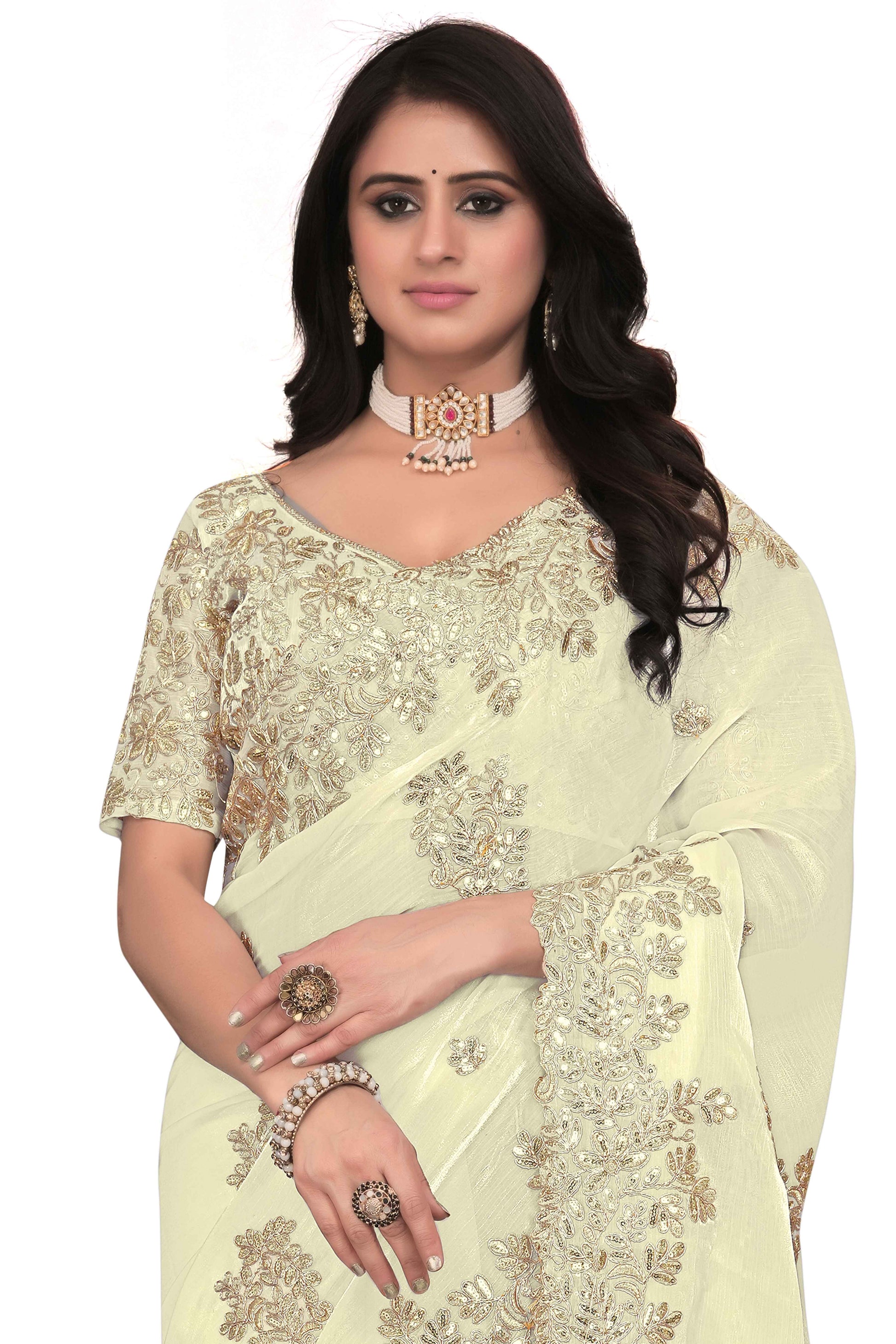 Shimmer Georgette Embroidered Saree with Designer Border - White